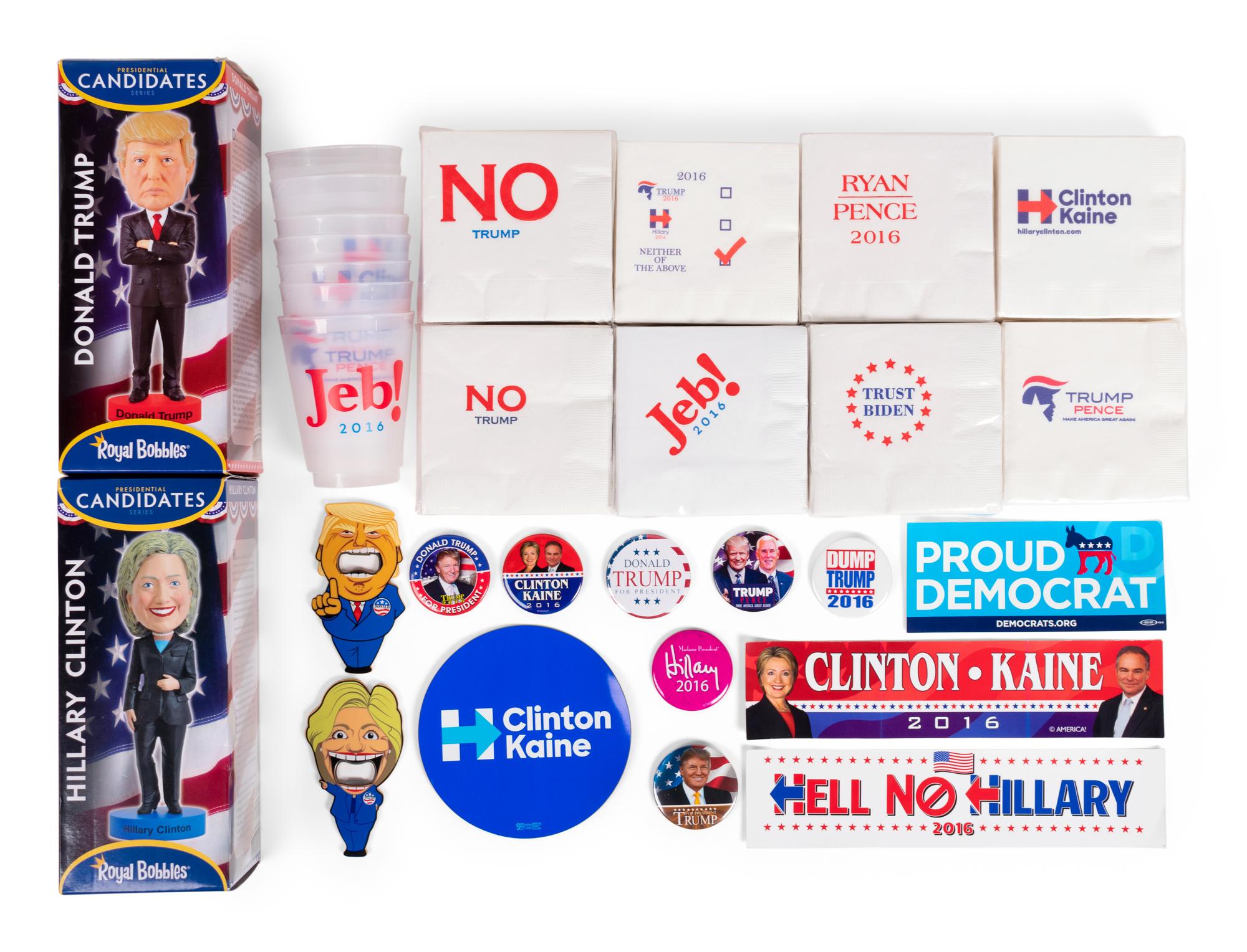 (Politics) A group of approximately 20 pieces of political memorabilia from the 2016 Presidential Election, comprising:
