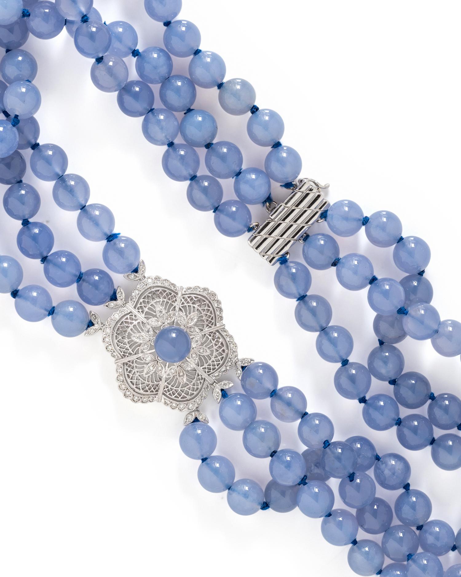 WHITE GOLD, CHALCEDONY AND DIAMOND MULTISTRAND BEAD NECKLACE
