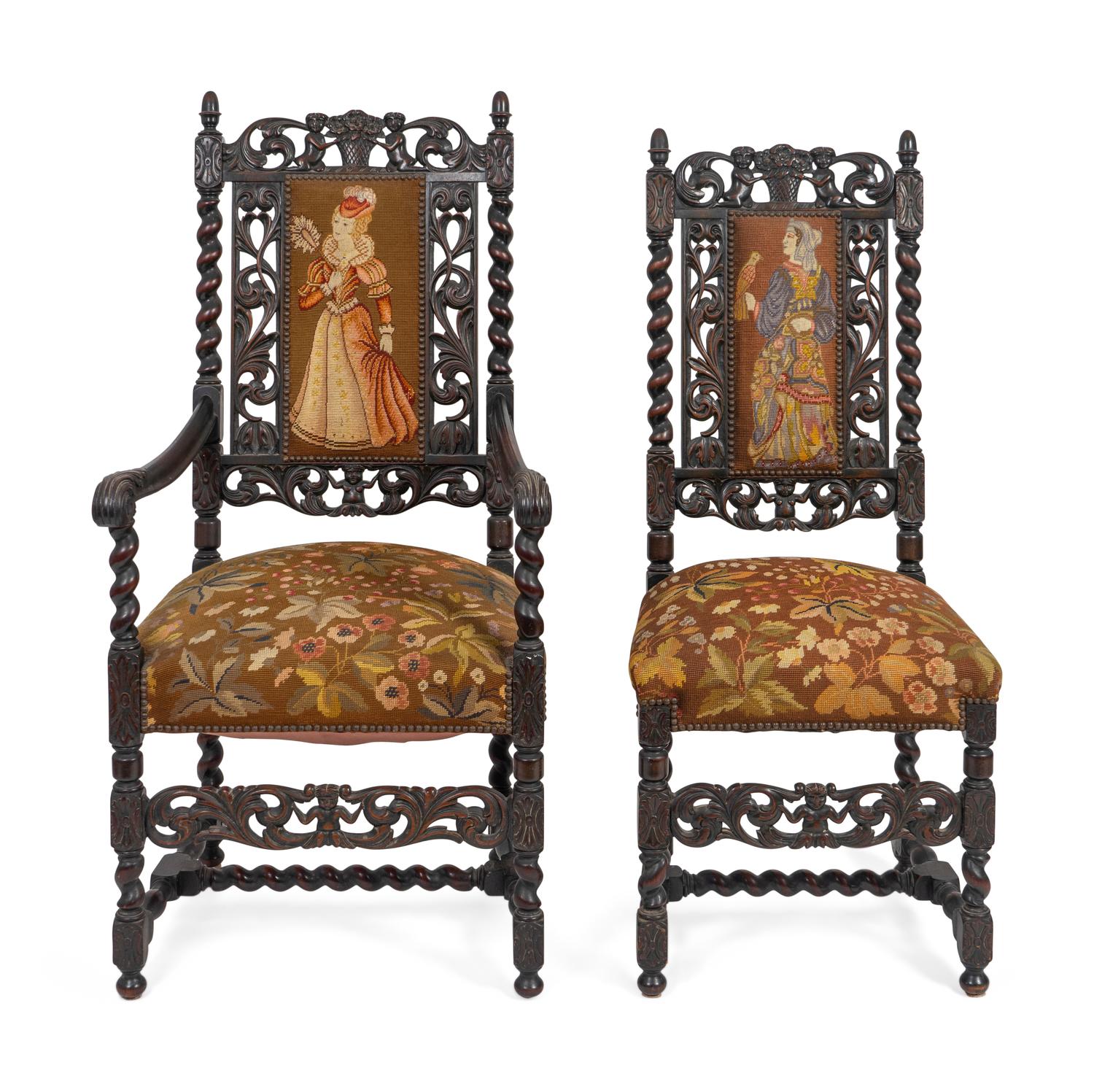 Two William & Mary Style Needlepoint-Upholstered Walnut Chairs — 20TH CENTURY