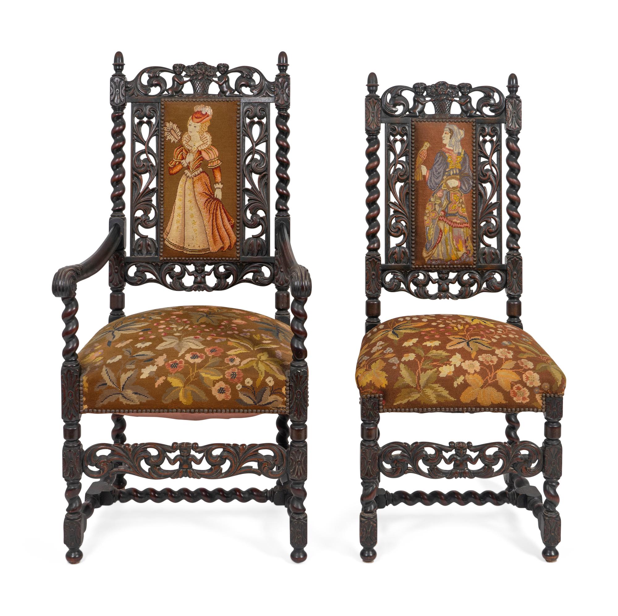 Two William & Mary Style Needlepoint-Upholstered Walnut Chairs — 20TH CENTURY