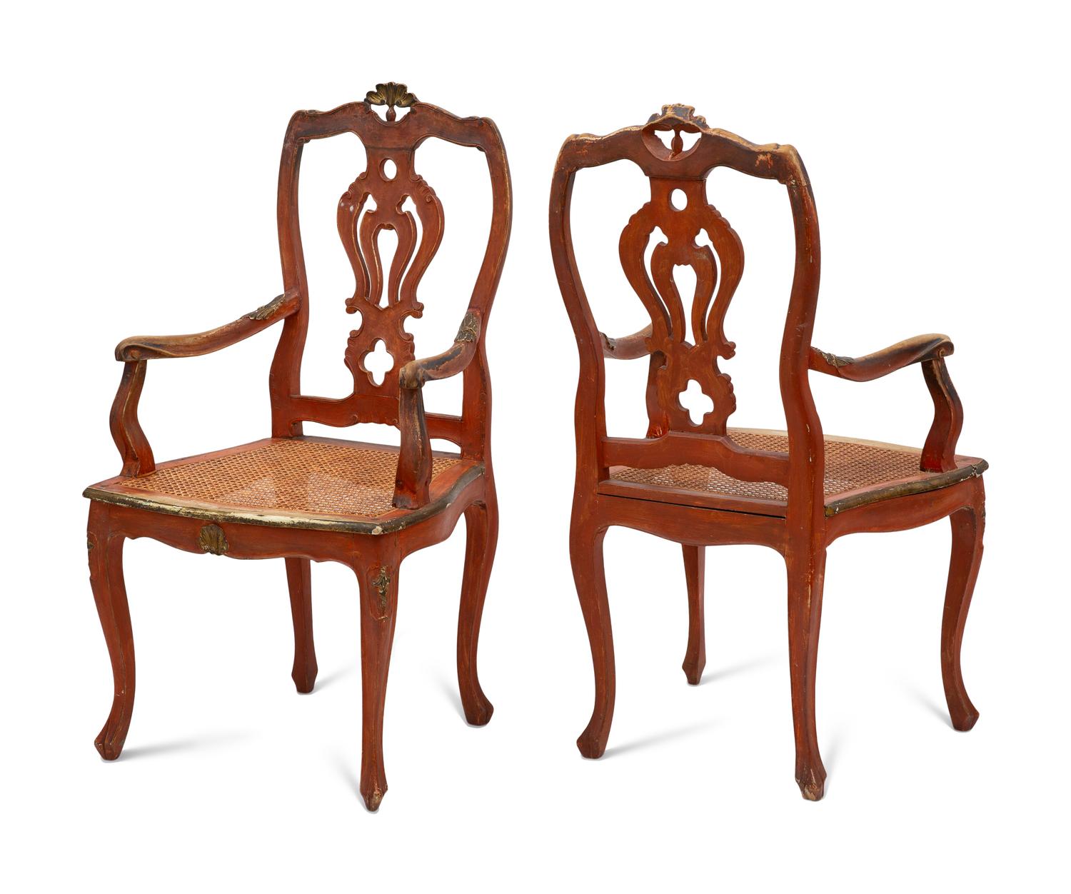 A Pair of Italian Rococo Style Bole-Painted and Parcel Gilt Armchairs