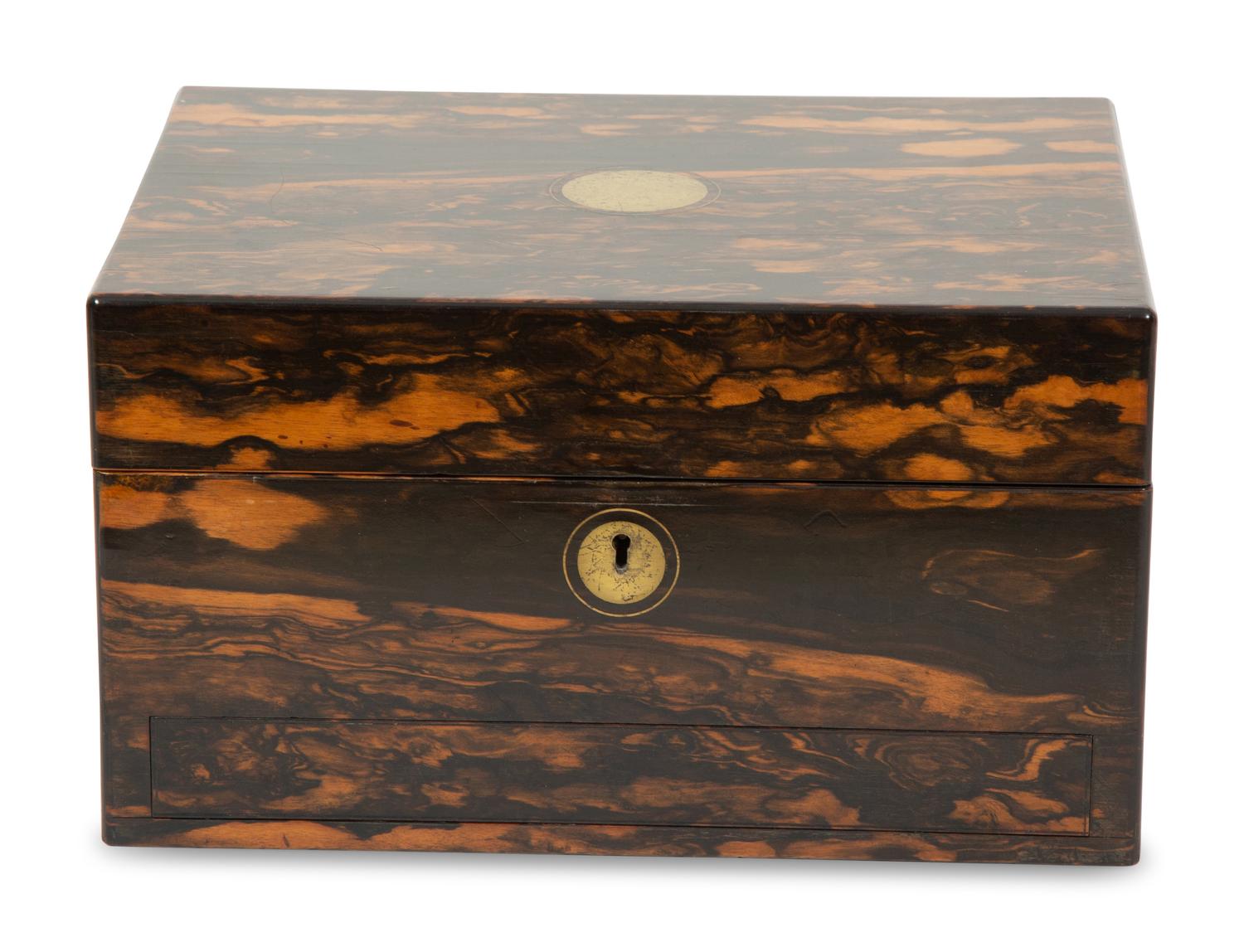 A Victorian Calamander Dressing Case with Silver Mounted Glass Articles
