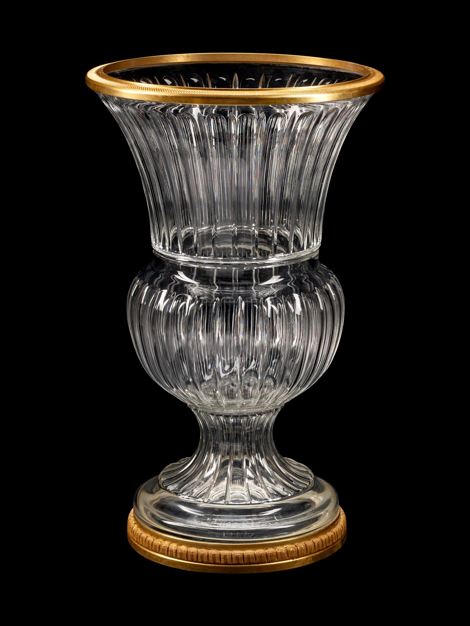 A Pair of Monumental Bronze-Mounted Cut-Glass Campana-Form Urns
