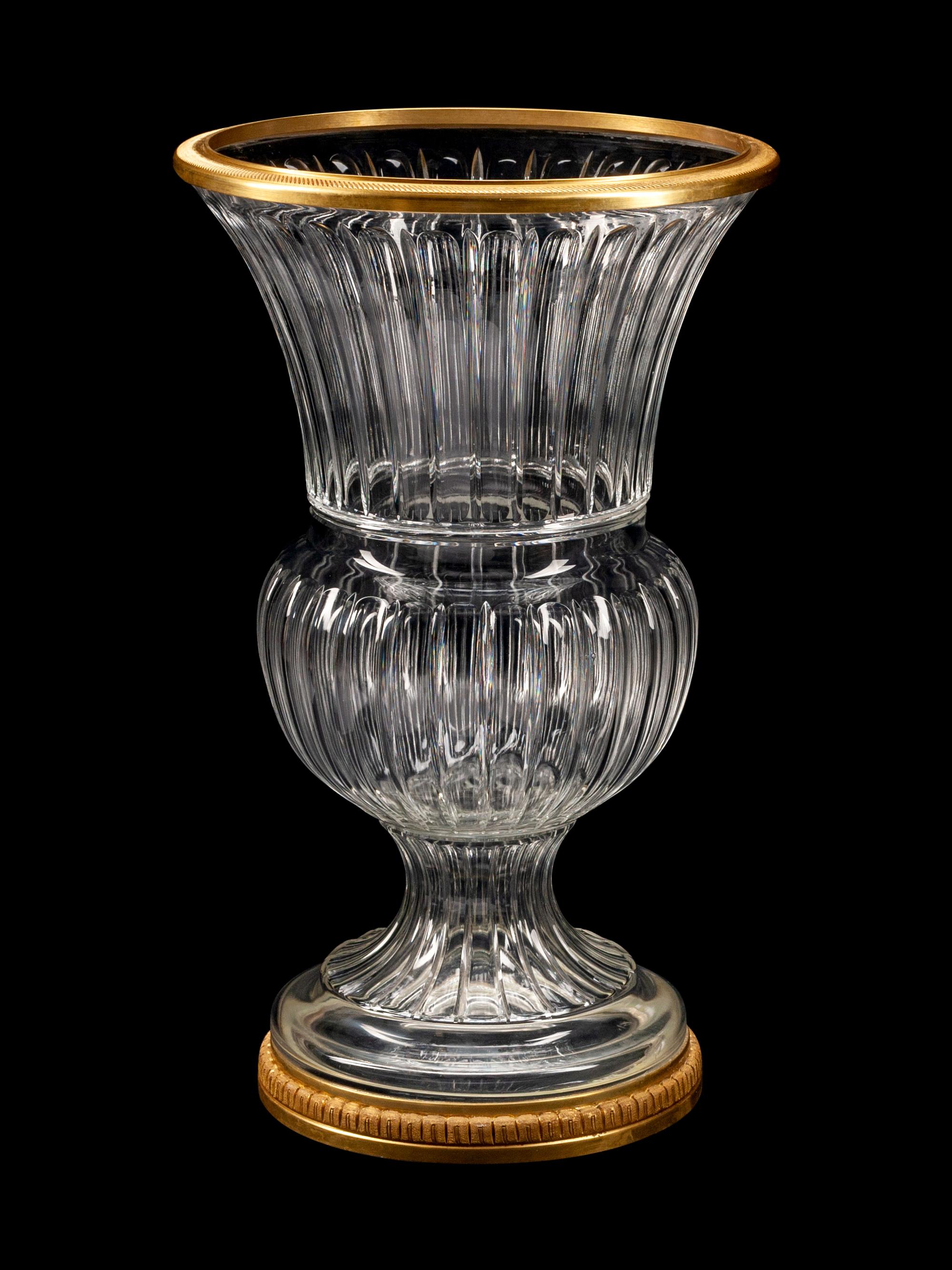 A Pair of Monumental Bronze-Mounted Cut-Glass Campana-Form Urns