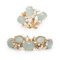 AQUAMARINE, CULTURED PEARL, AND YELLOW GOLD BROOCH AND BRACELET
