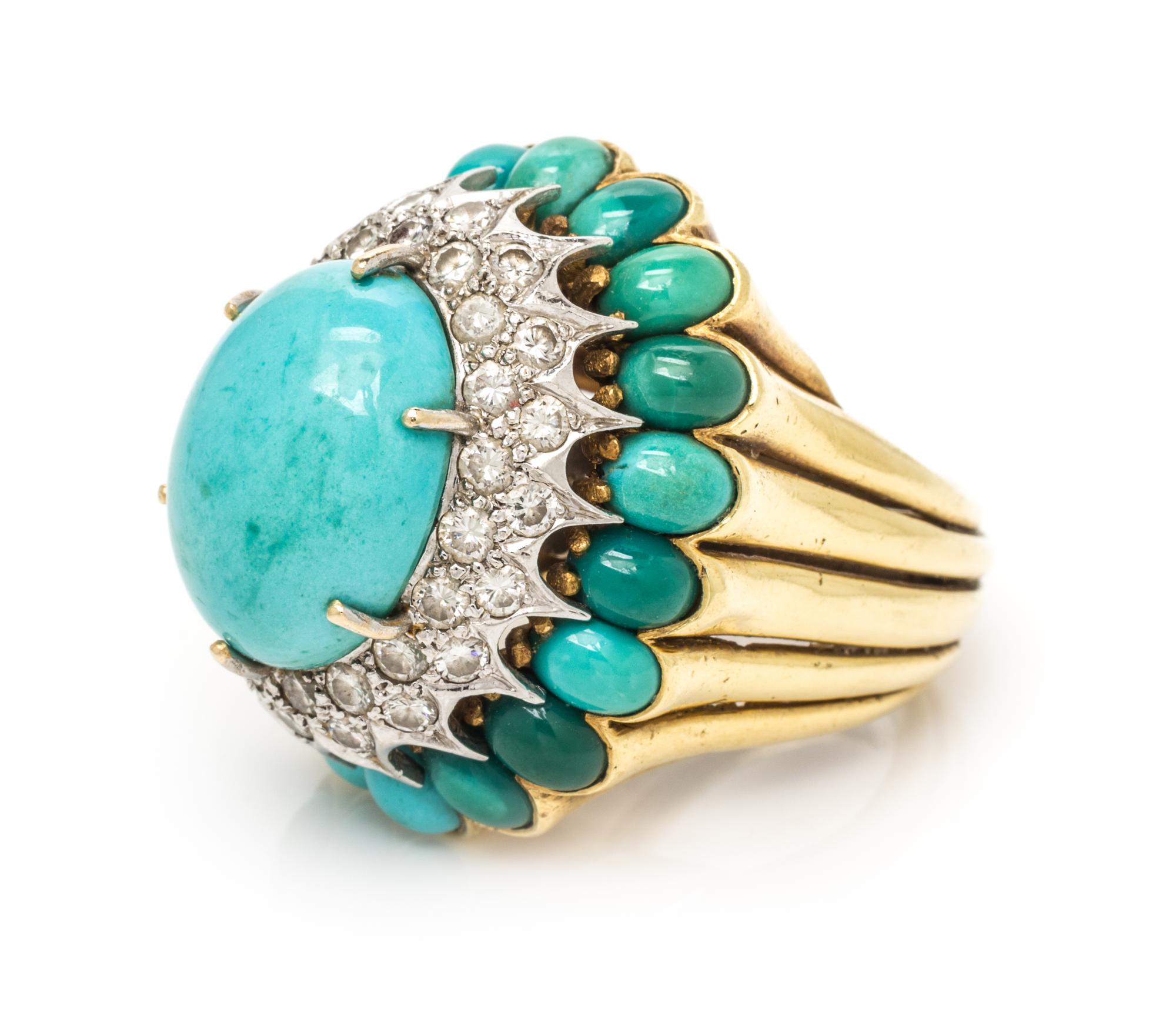 An 18 Karat Bicolor Gold, Turquoise and Diamond Ring, 20.00 dwts.