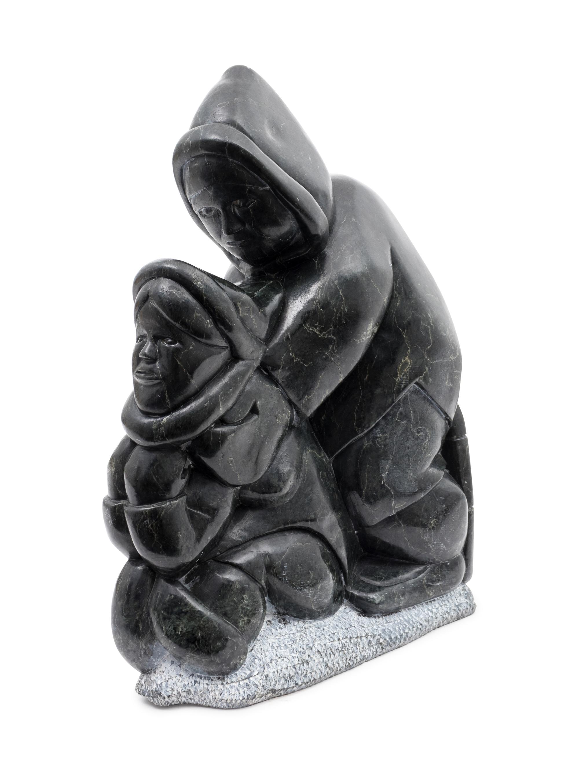 A Valwktwrwk Inuit Carved Stone Sculpture of a Woman and Child