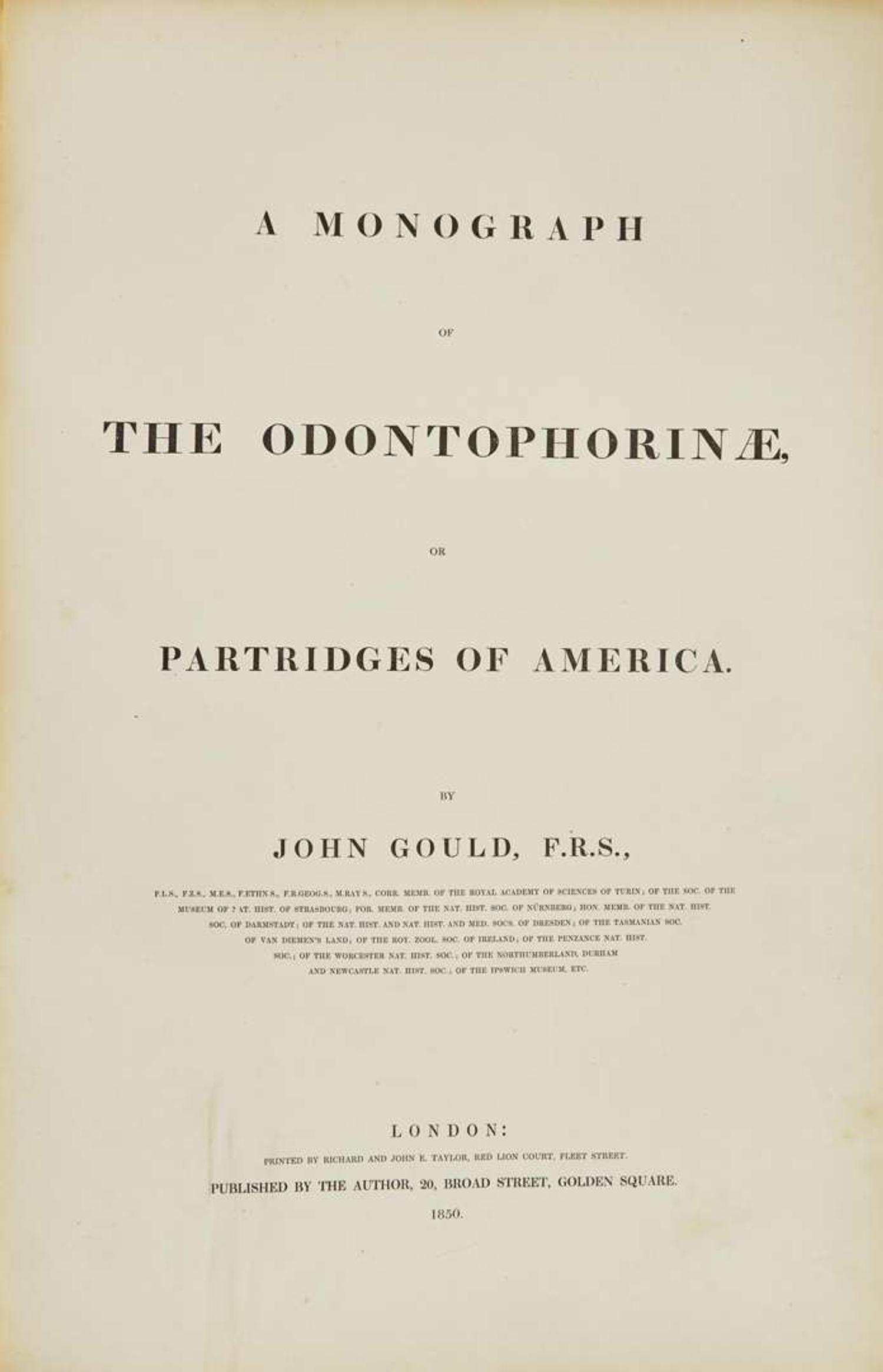 [Color-Plate Books] Gould, John: A Monograph of the Odontophorinae, or Partridges of America