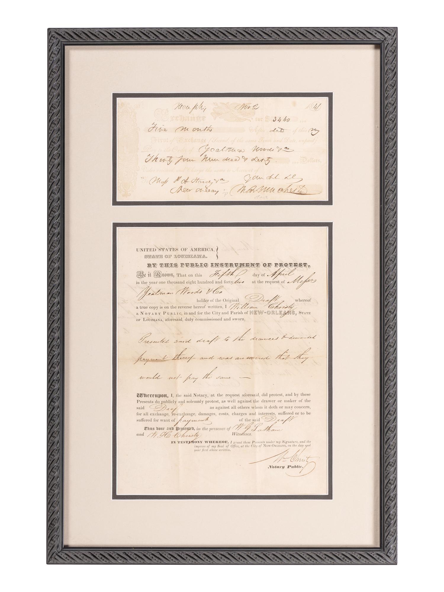 [TEXAS]. CHRISTY, William H. (1791-1865). Document signed ("Wm. Christy"), as New Orleans notary public. New Orleans, LA, 5 April 1842.