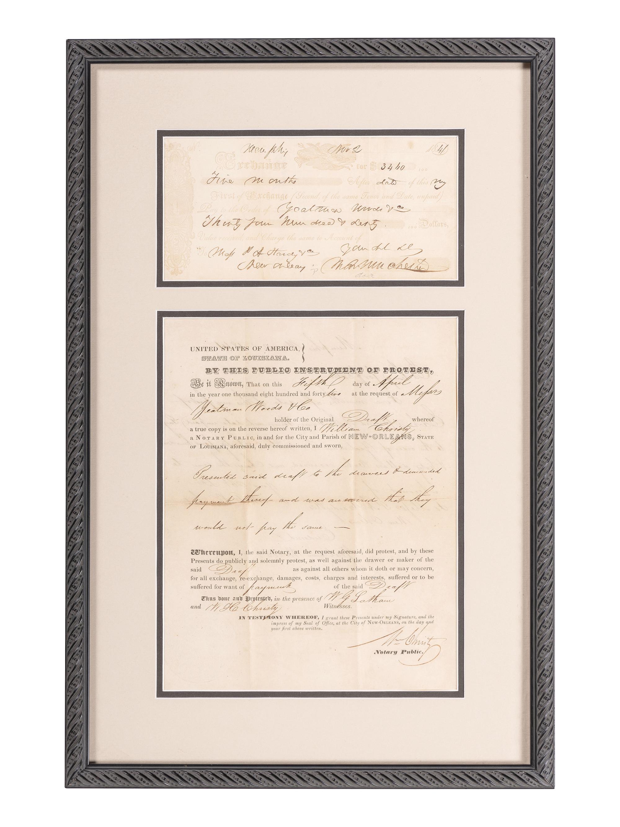 [TEXAS]. CHRISTY, William H. (1791-1865). Document signed ("Wm. Christy"), as New Orleans notary public. New Orleans, LA, 5 April 1842.