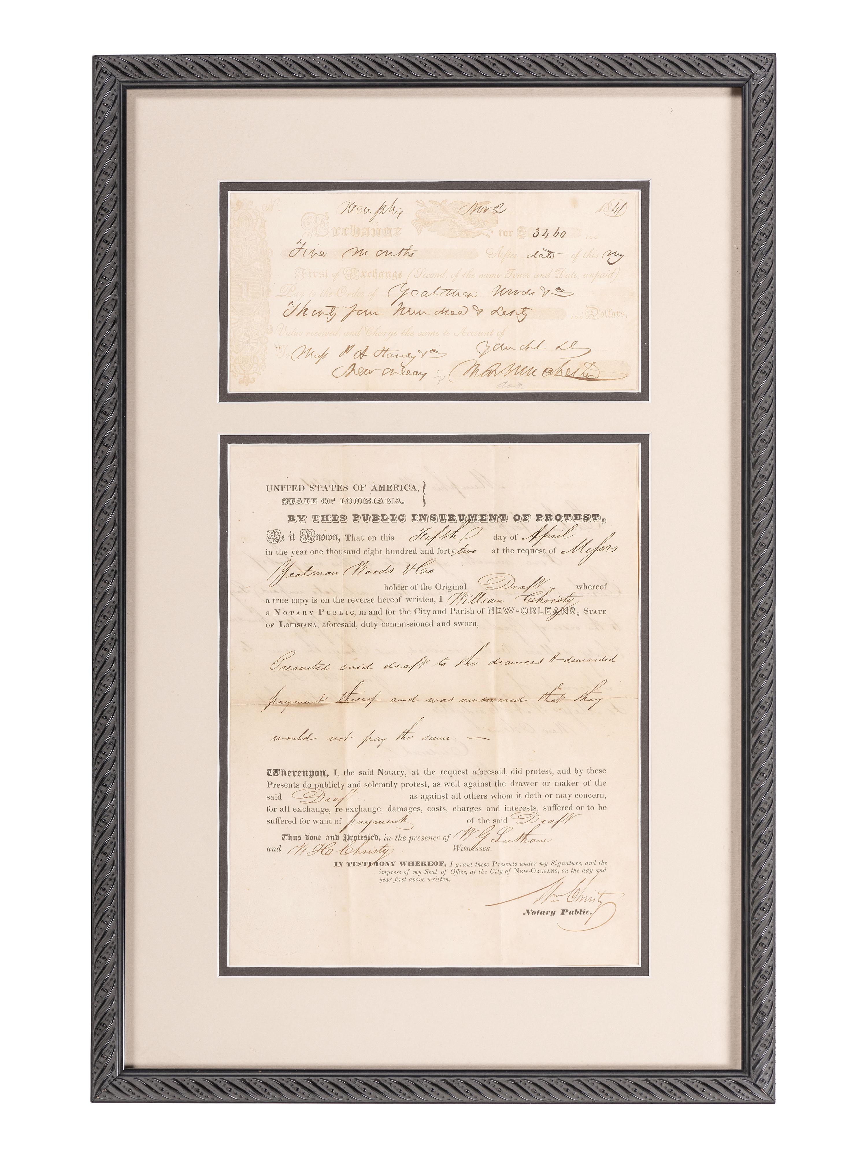 [TEXAS]. CHRISTY, William H. (1791-1865). Document signed ("Wm. Christy"), as New Orleans notary public. New Orleans, LA, 5 April 1842.