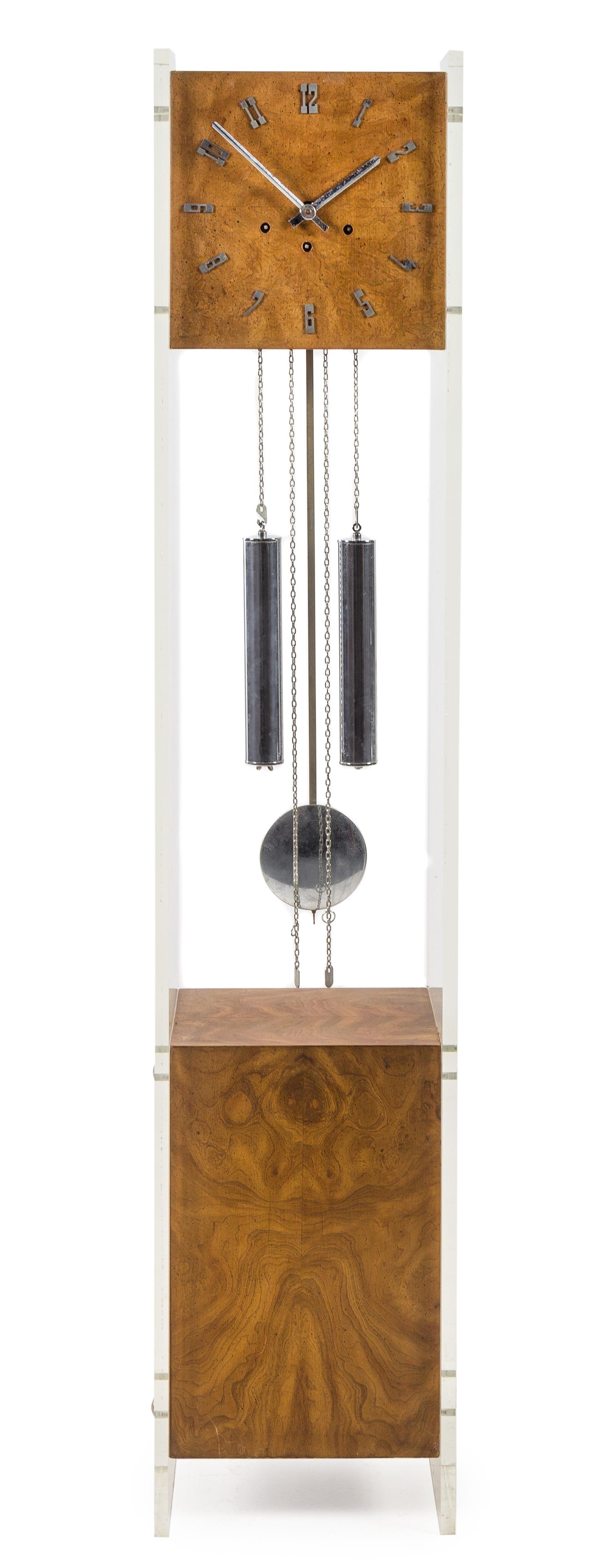 A Ridgeway Lucite and Burlwood Art Deco Style Tall Case Clock Height 60 inches. — 20TH CENTURY