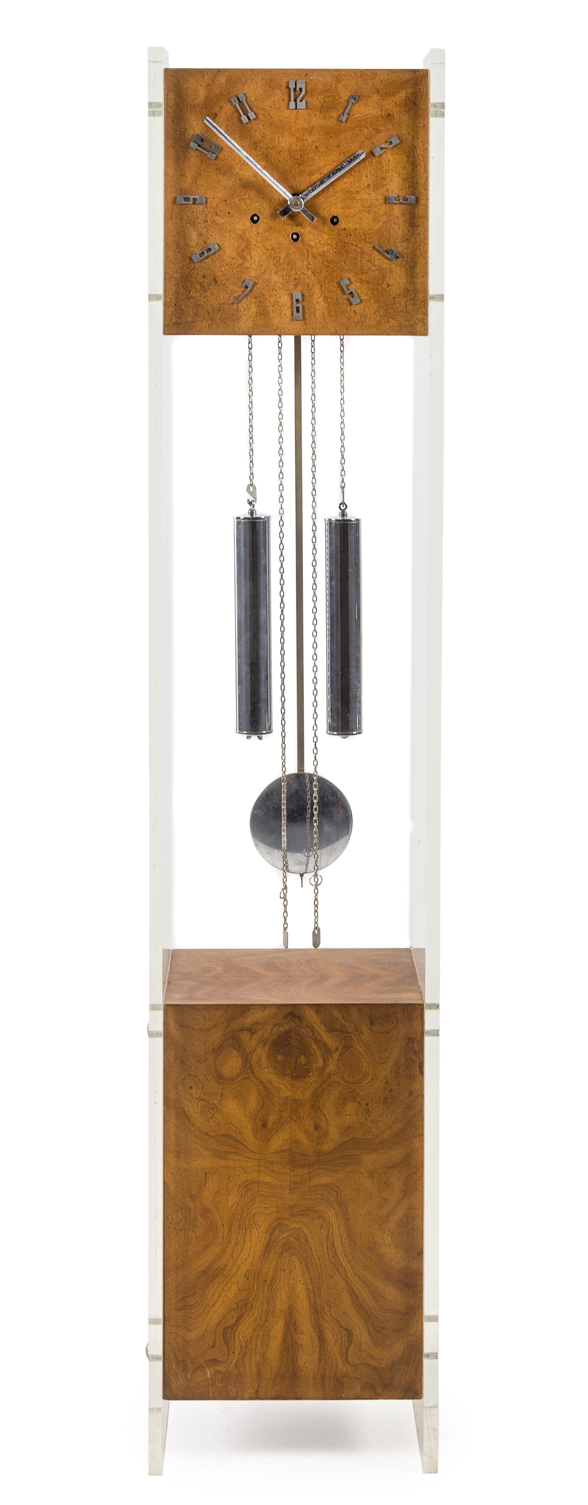 A Ridgeway Lucite and Burlwood Art Deco Style Tall Case Clock Height 60 inches. — 20TH CENTURY