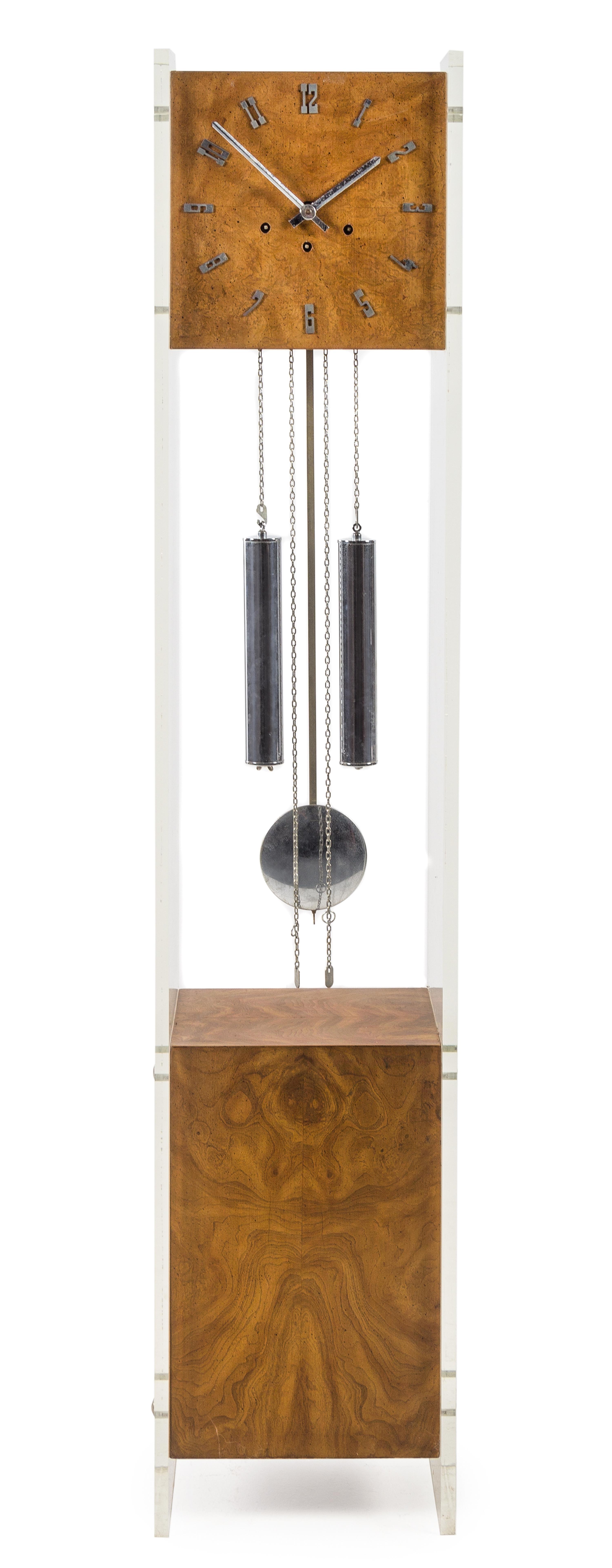 A Ridgeway Lucite and Burlwood Art Deco Style Tall Case Clock Height 60 inches. — 20TH CENTURY