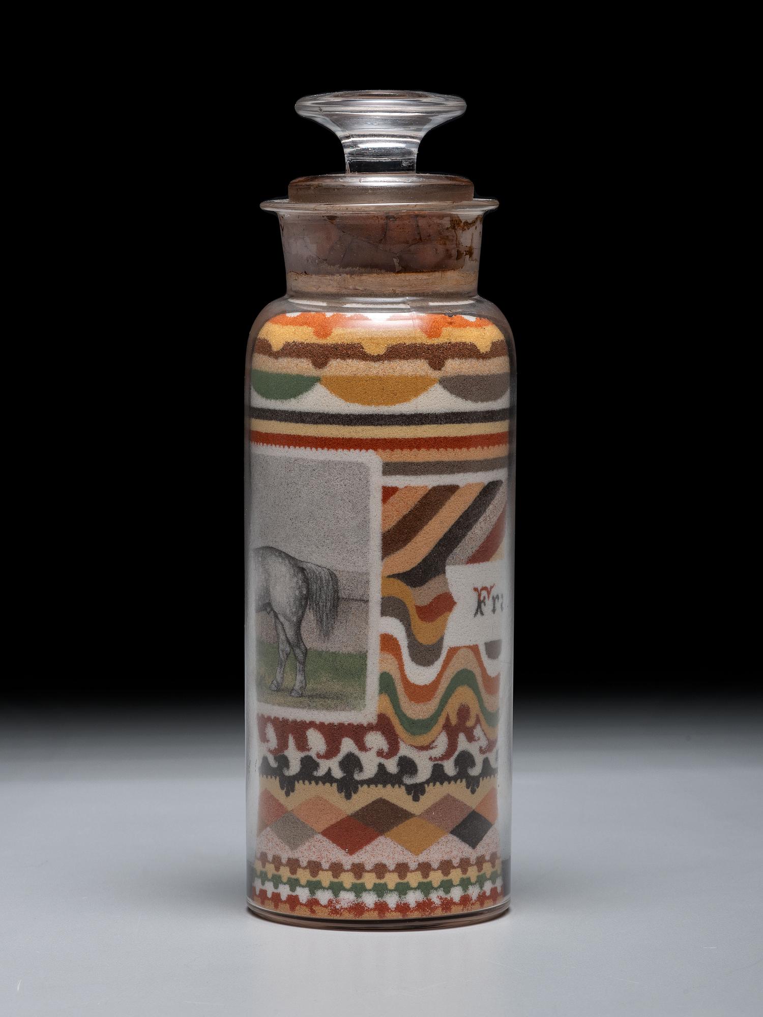 An Andrew Clemens (American, 1857-1894) Labeled Sand Bottle with Percheron Horse