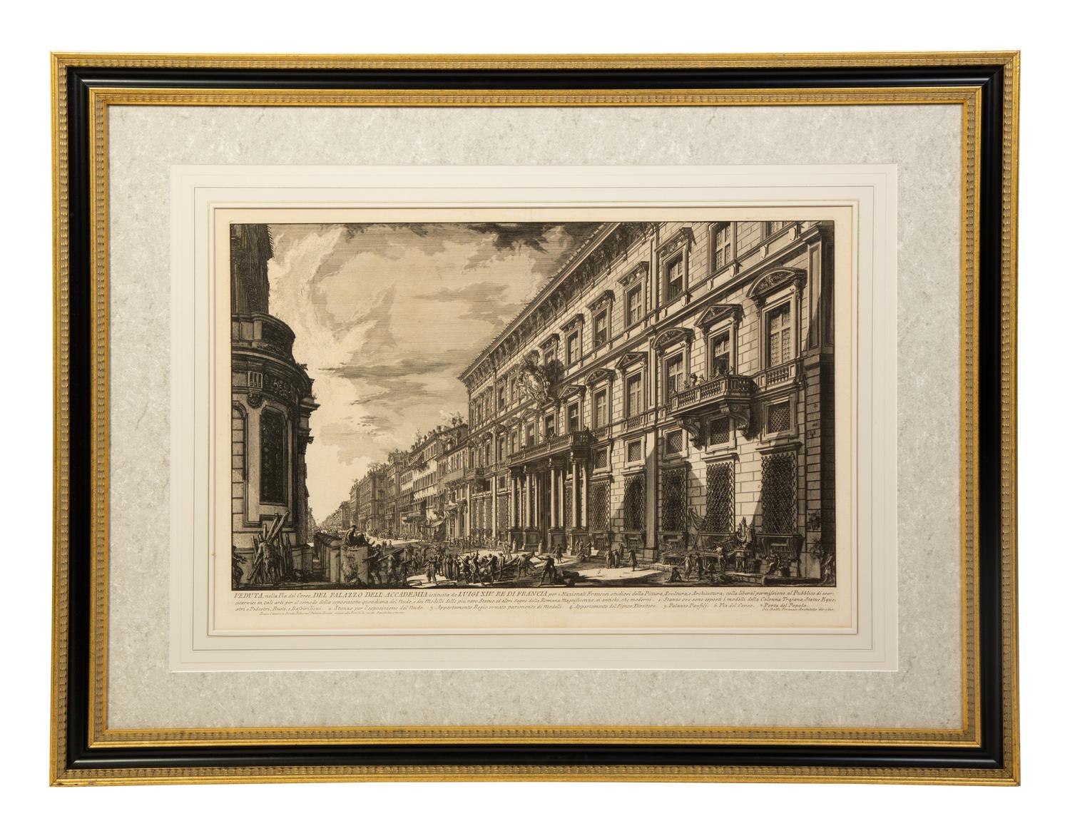 Two Etchings by Giovanni Battista Piranesi (Italian, 1720-1778), View along the Via del Corso of the Palazzo dell'Accademia