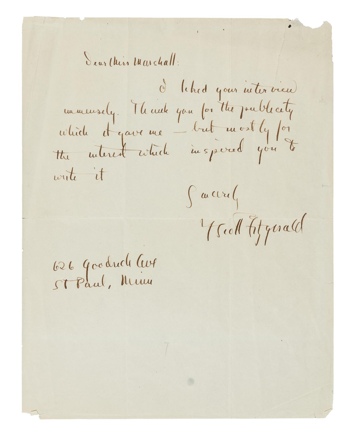 FITZGERALD, F. Scott (1896-1940). Autograph letter signed ("F. Scott Fitzgerald"), to Miss Marshall. St. Paul, Minn., n.d. [ca 1922]