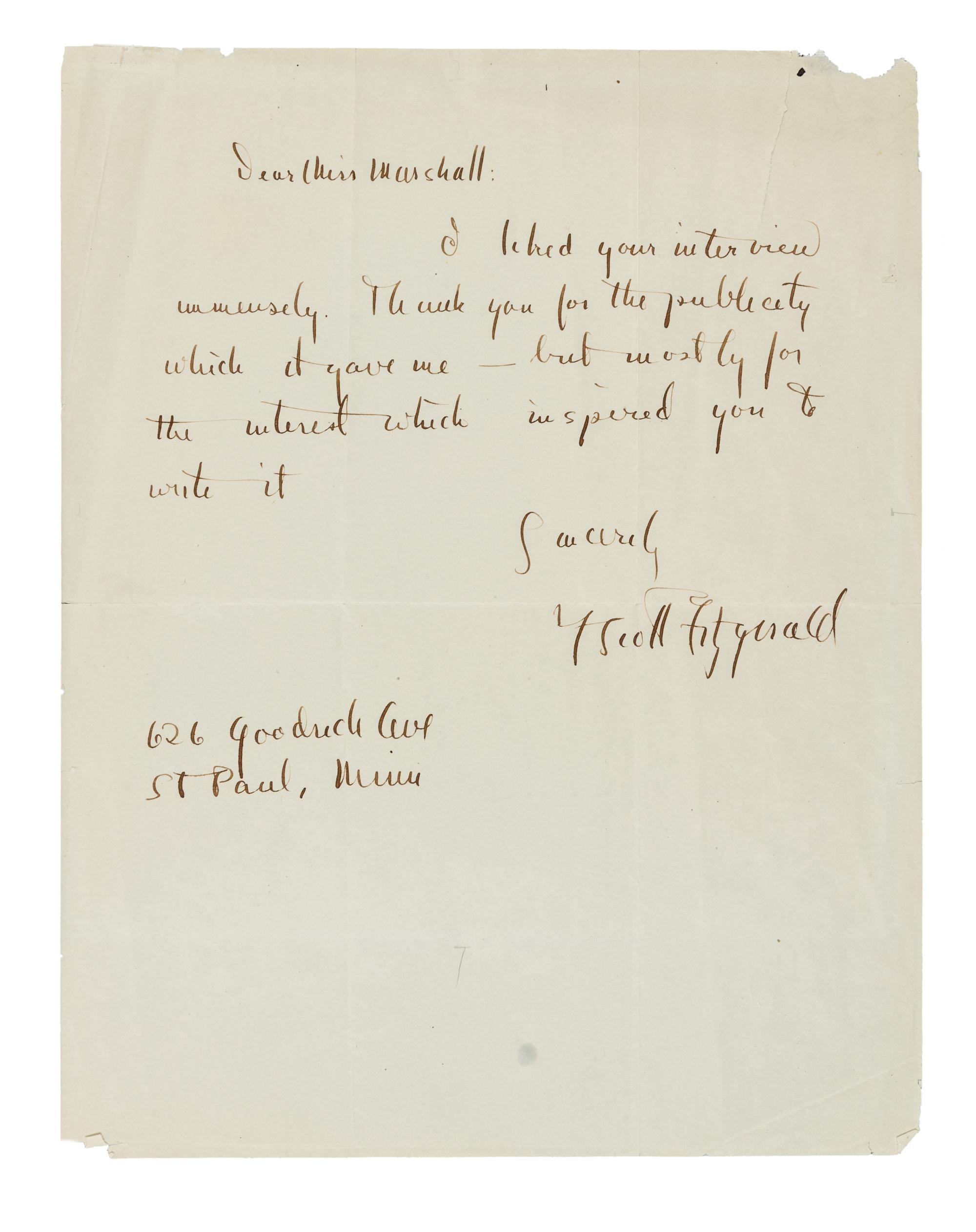 FITZGERALD, F. Scott (1896-1940). Autograph letter signed ("F. Scott Fitzgerald"), to Miss Marshall. St. Paul, Minn., n.d. [ca 1922]