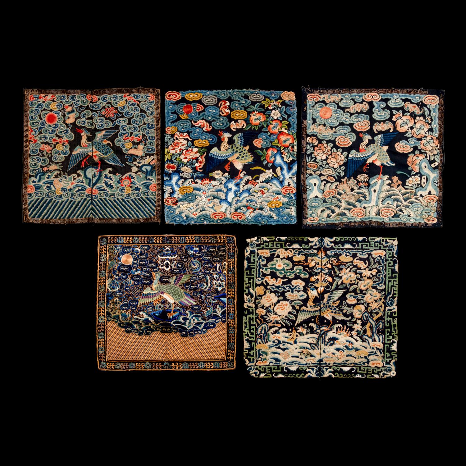 Five Chinese Embroidered Silk ‘Mandarin Duck’ Rank Badges, Buzi, 19th Century 清中晚期 刺綉文官補子五幅