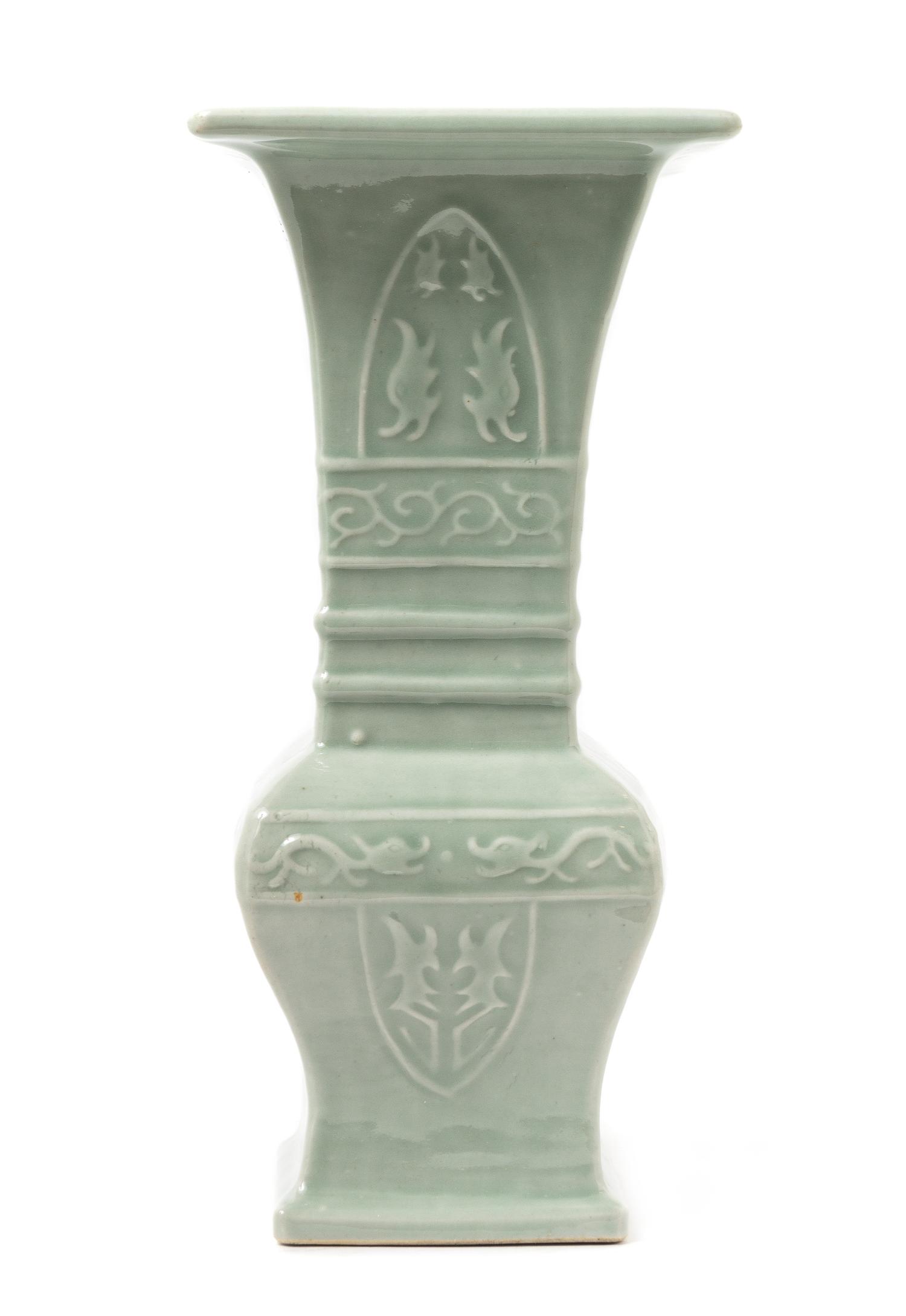 A Chinese Celadon Glazed Porcelain Square Yen Yen Vase LATE 19TH CENTURY Height 13 3/8 inches. — LATE 19TH CENTURY