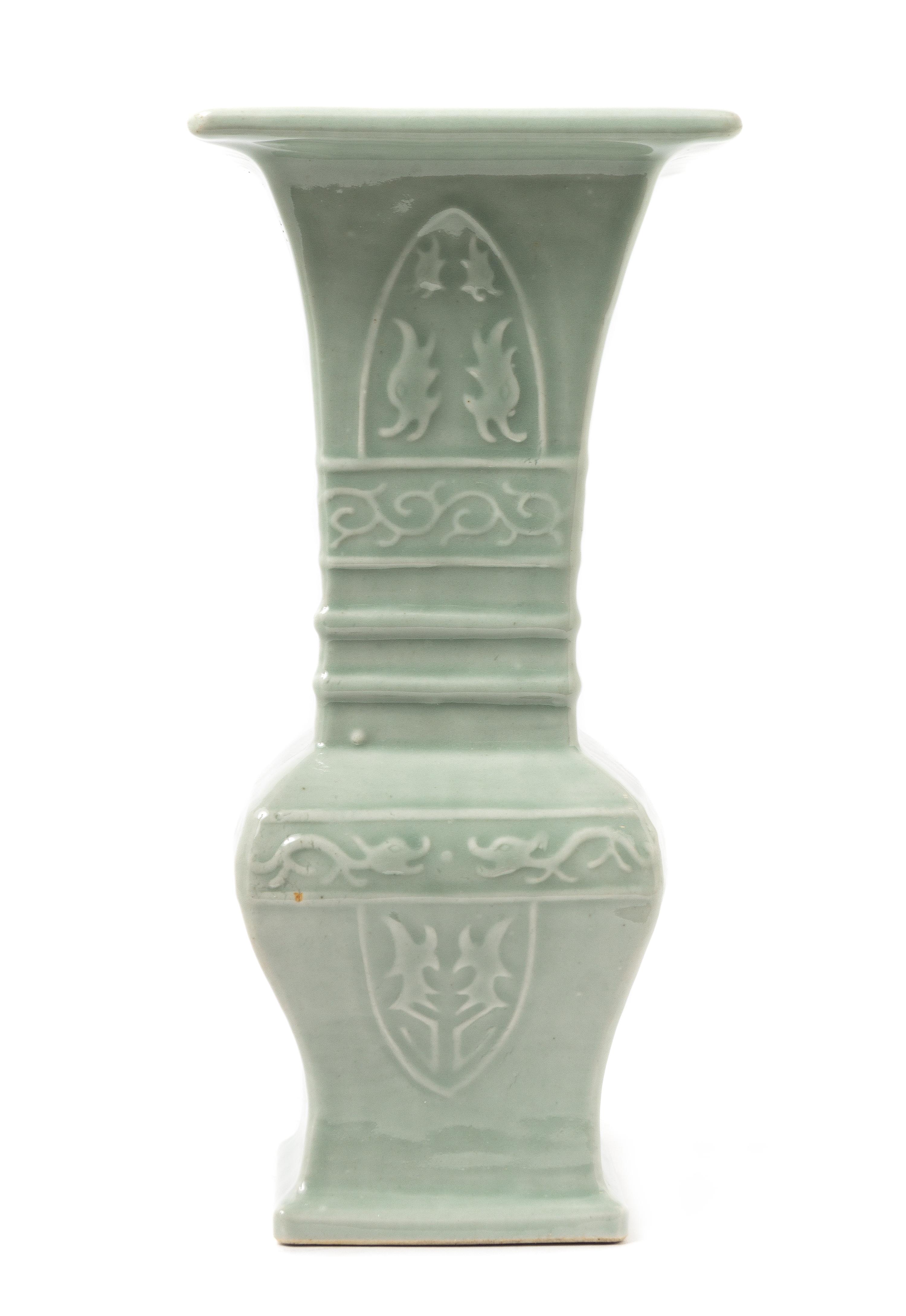 A Chinese Celadon Glazed Porcelain Square Yen Yen Vase LATE 19TH CENTURY Height 13 3/8 inches. — LATE 19TH CENTURY