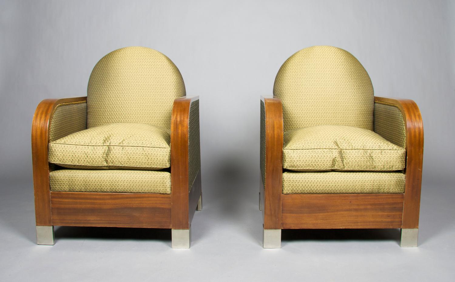 A Pair of Art Deco Club Chairs, Height 33 1/2 inches.