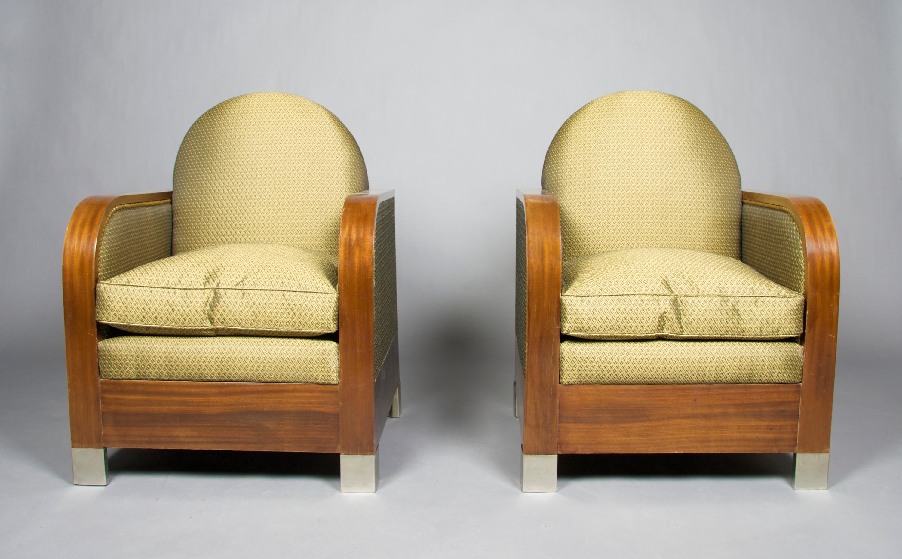 A Pair of Art Deco Club Chairs, Height 33 1/2 inches.
