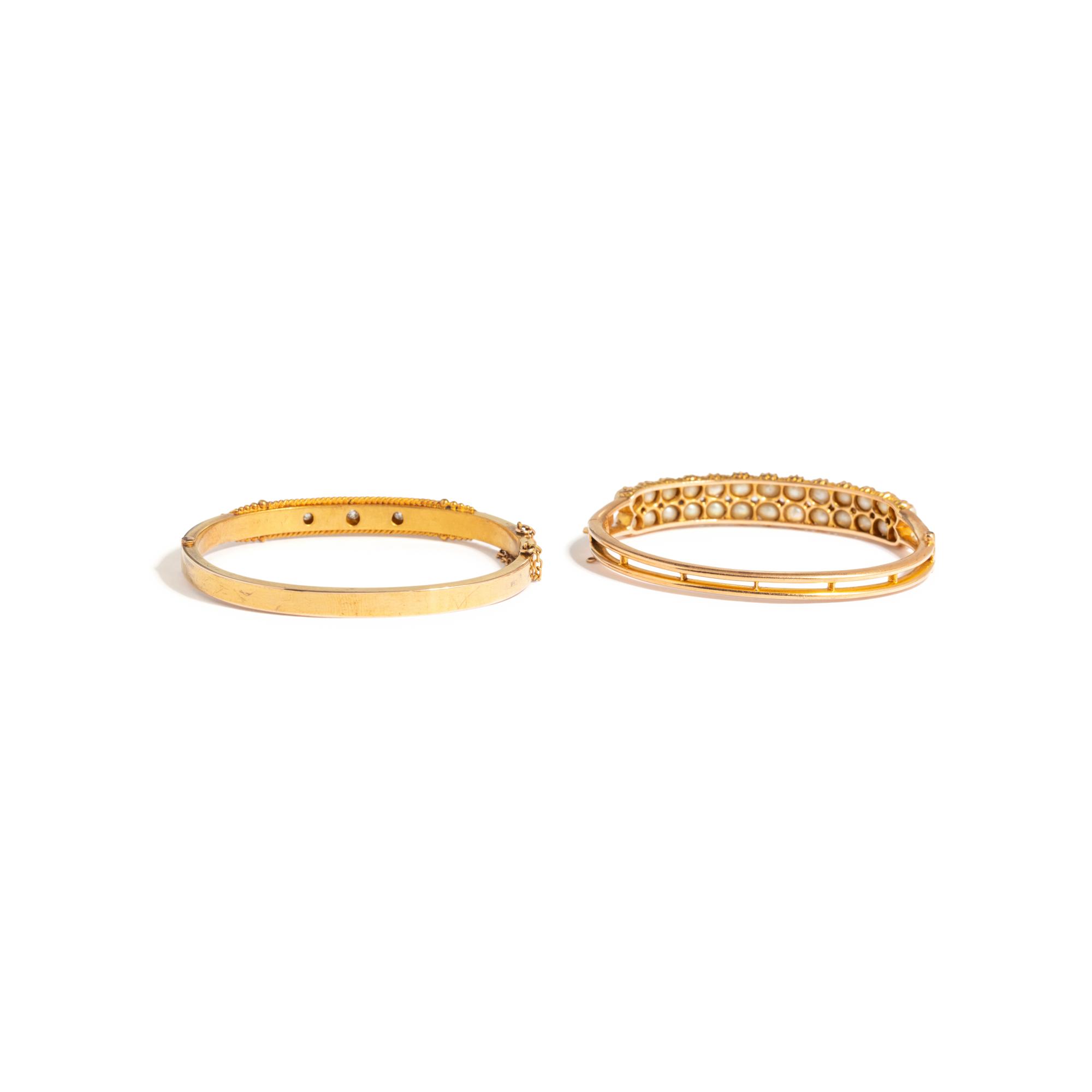 COLLECTION OF YELLOW GOLD, CULTURED PEARL, AND DIAMOND BANGLE BRACELETS