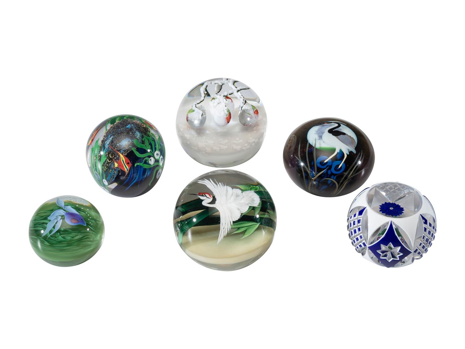 Six Floral and Figural Art Glass Paperweights