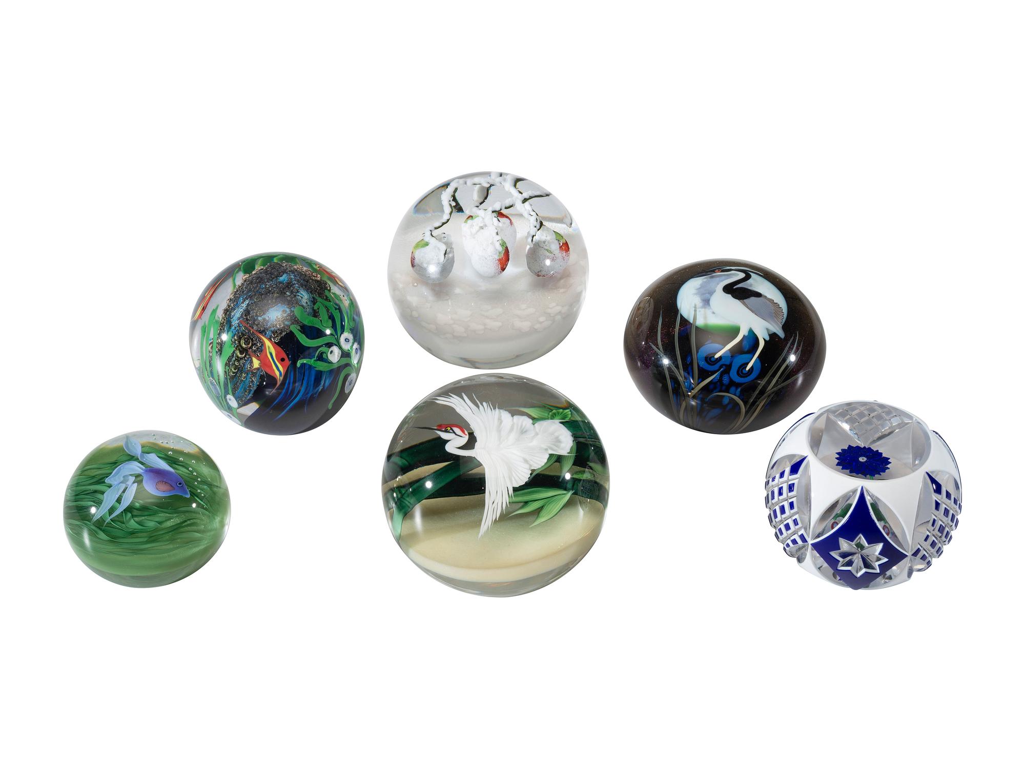 Six Floral and Figural Art Glass Paperweights