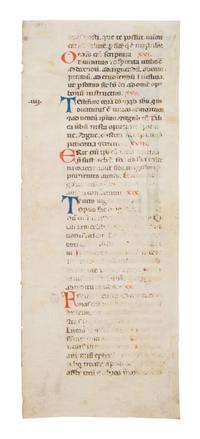 FOLLOWER OF THE MASTER OF BAGNACAVLLO and THE MASTER OF IMOLA Cutting with historiated initial ‘P’ of Saint Paul from an Atlantic Bible, in Latin, illuminated manuscript on parchment [Italy, Bologna, c. 1270]