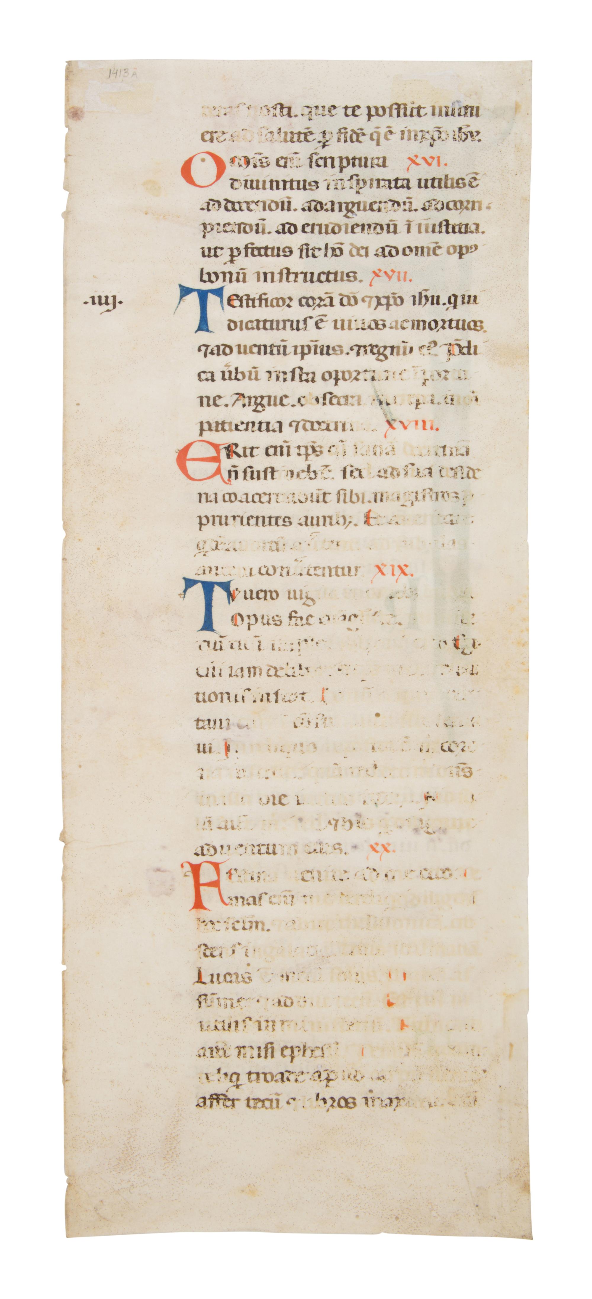 FOLLOWER OF THE MASTER OF BAGNACAVLLO and THE MASTER OF IMOLA Cutting with historiated initial ‘P’ of Saint Paul from an Atlantic Bible, in Latin, illuminated manuscript on parchment [Italy, Bologna, c. 1270]