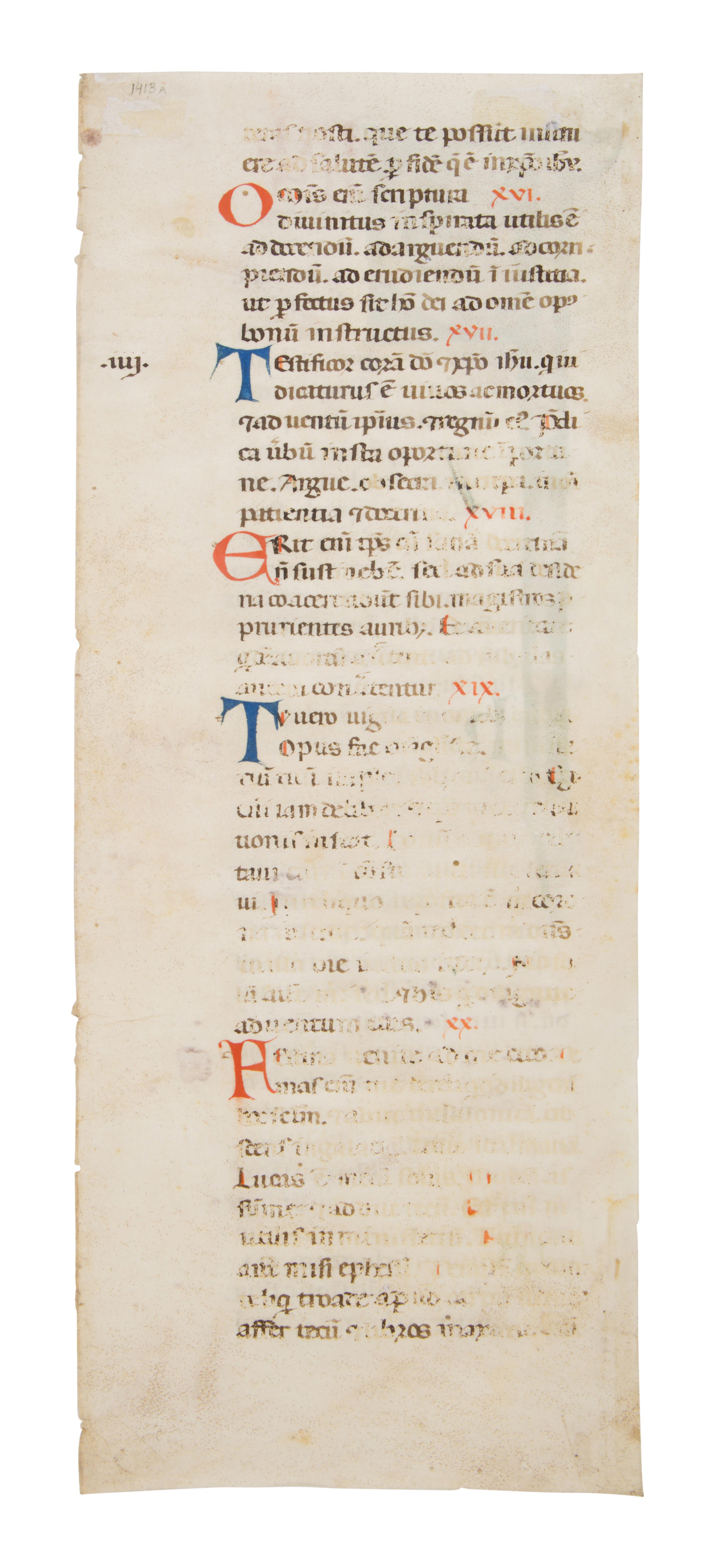 FOLLOWER OF THE MASTER OF BAGNACAVLLO and THE MASTER OF IMOLA Cutting with historiated initial ‘P’ of Saint Paul from an Atlantic Bible, in Latin, illuminated manuscript on parchment [Italy, Bologna, c. 1270]