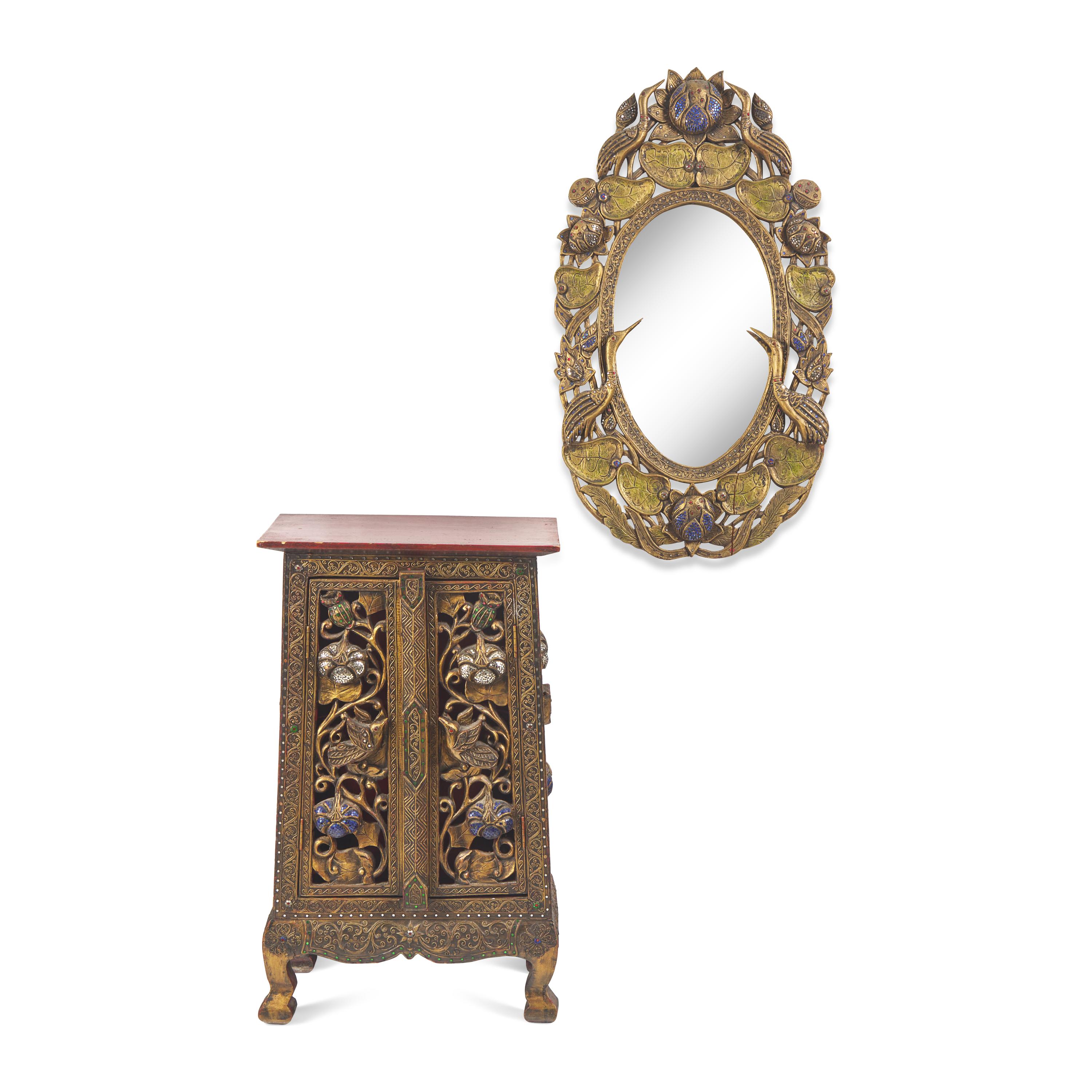 A Burmese Embellished and Carved Wood Mirror and Small Cabinet, Modern 現代 或緬甸 鏡子及小櫃一組
