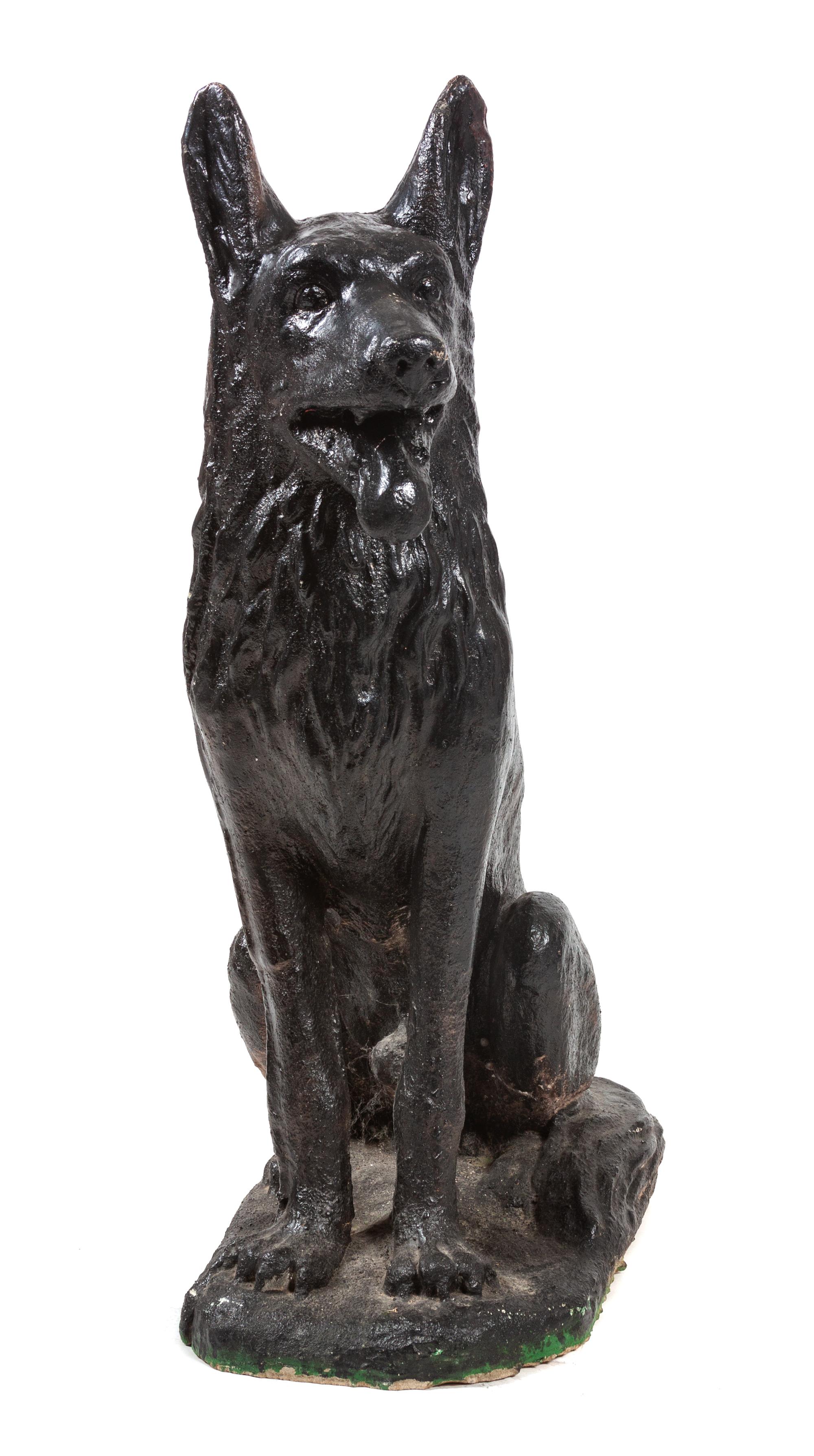 A Painted Concrete German Shepherd Sculpture Height 37 x width 12 x depth 21 inches.