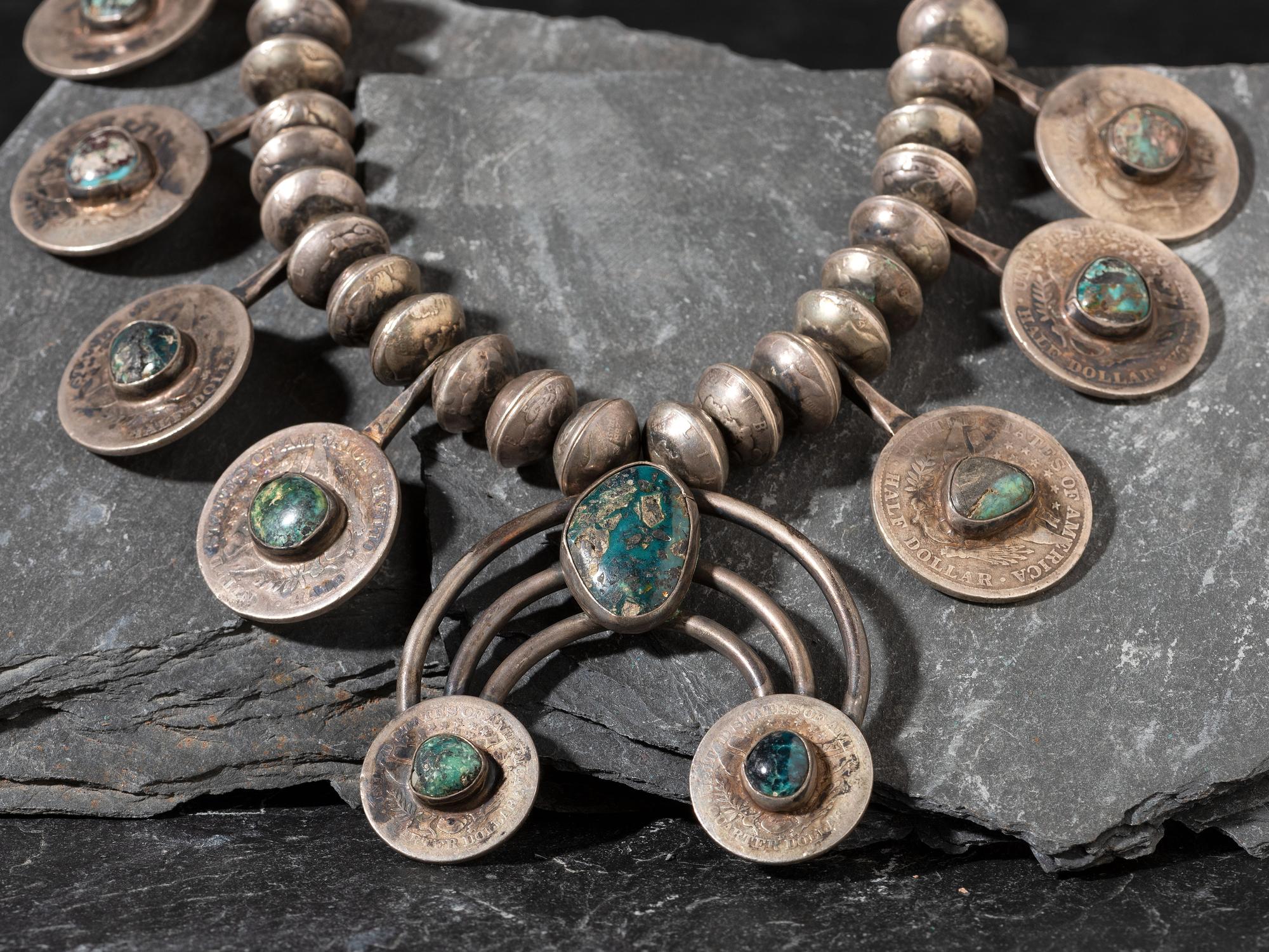 Navajo Coin and Turquoise Squash Blossom Necklace