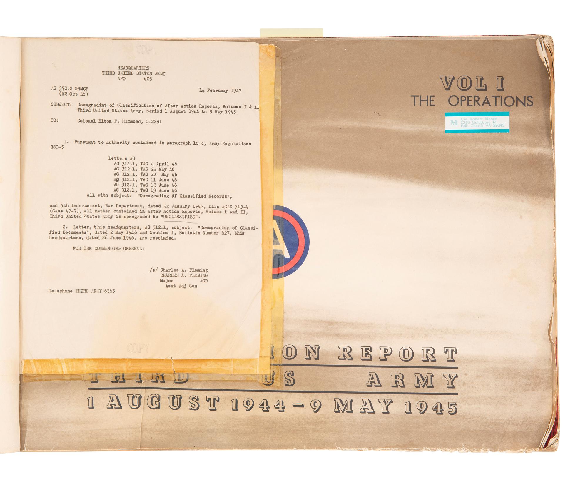[WORLD WAR II]. After Action Report Third US Army 1 August 1944-9 May 1945. Vol. I. The Operations.