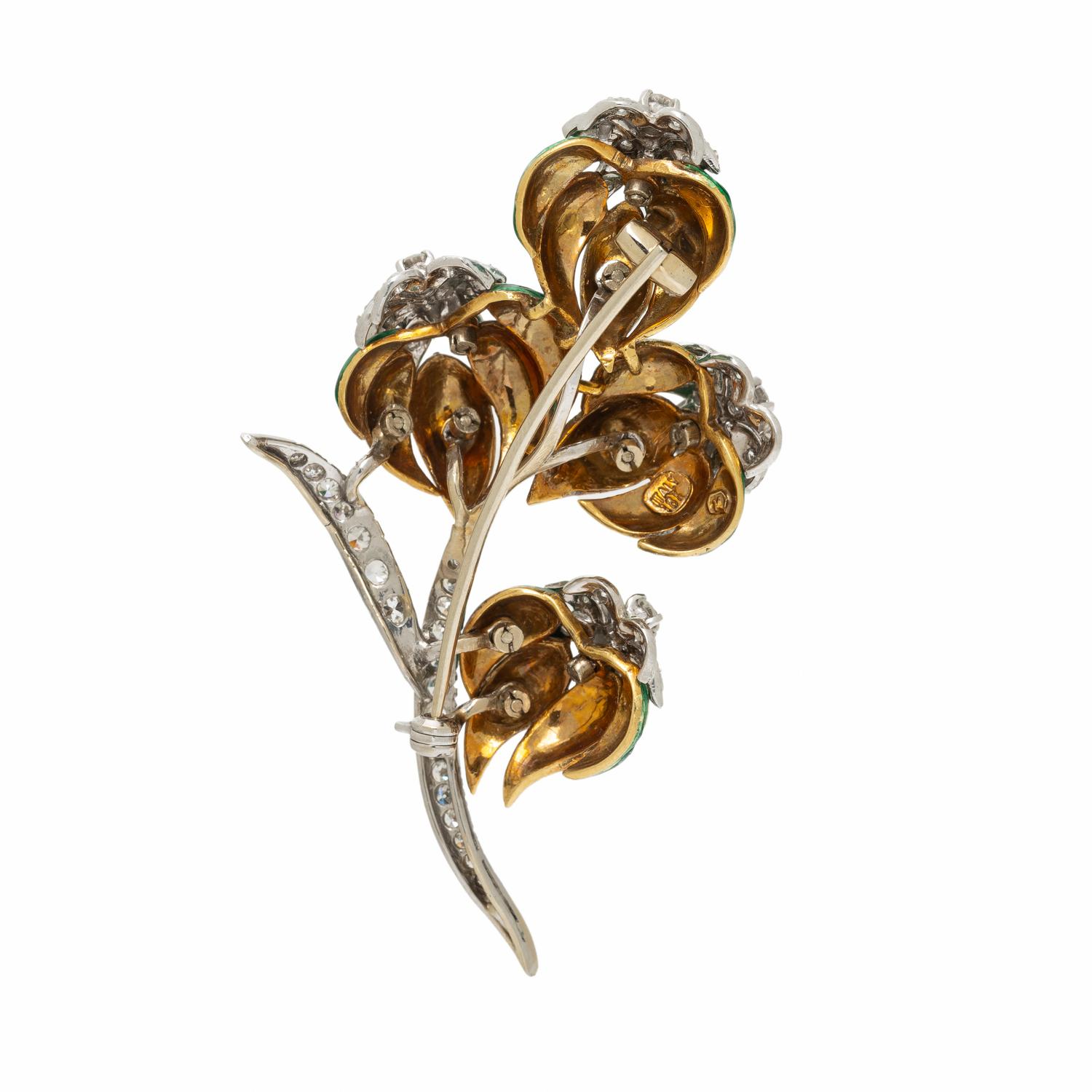 ENAMEL, DIAMOND, AND BICOLOR GOLD FOLIATE BROOCH