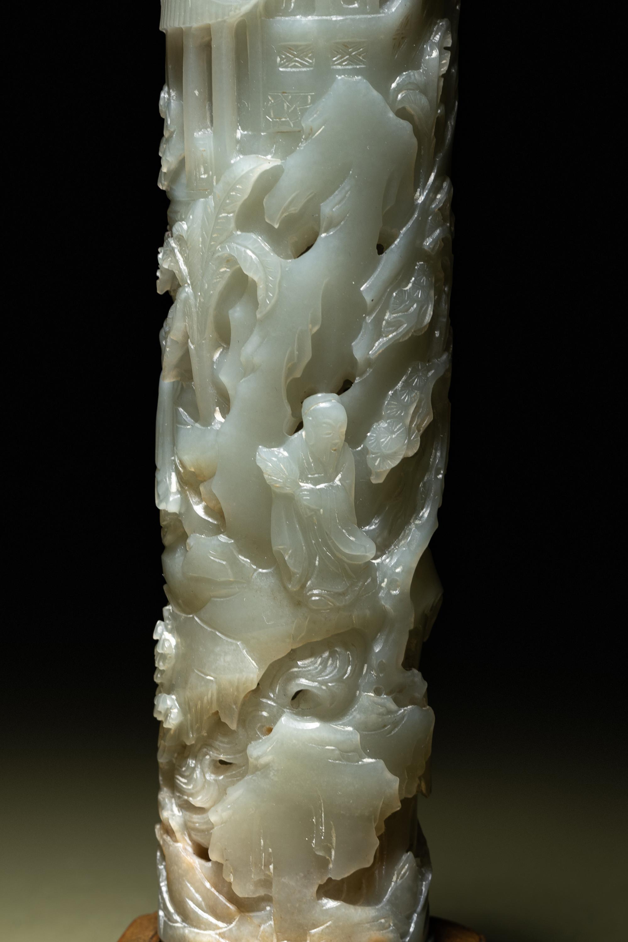 A Pair of Carved Celadon Jade Cylindrical Parfumiers