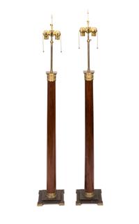 A Pair of French Empire Style Gilt Bronze Mounted Walnut Floor Lamps — 20TH CENTURY