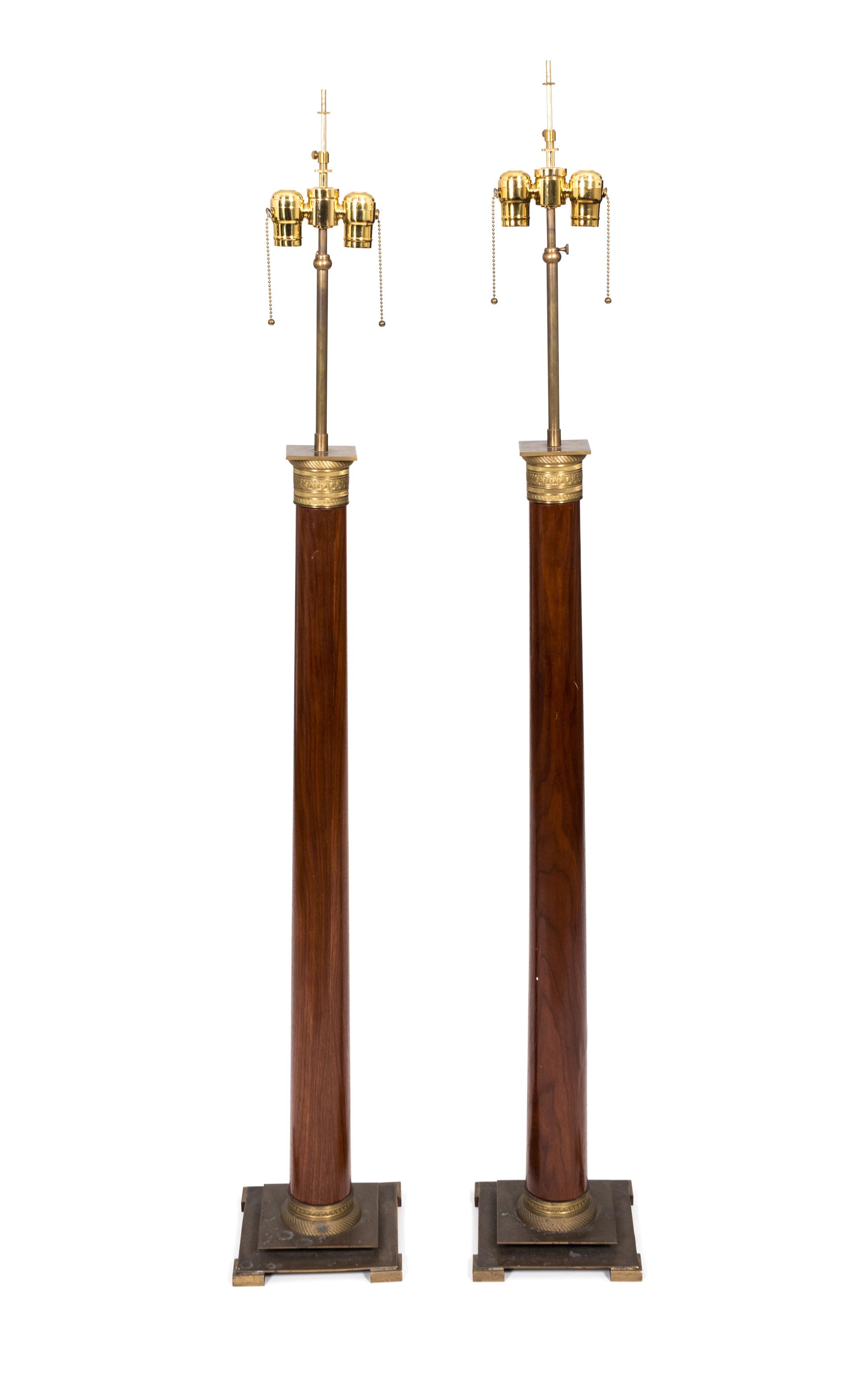 A Pair of French Empire Style Gilt Bronze Mounted Walnut Floor Lamps — 20TH CENTURY