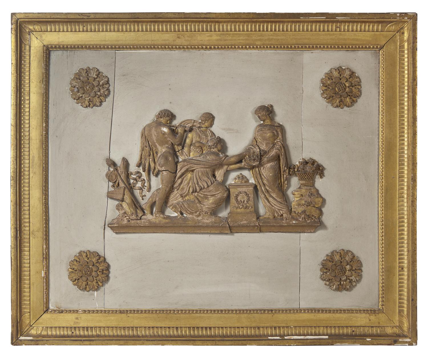 A Painted Panel With Applied Neo-Classical Figures And Pair Of Carved Wood Garlands