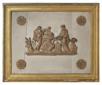 A Painted Panel With Applied Neo-Classical Figures And Pair Of Carved Wood Garlands