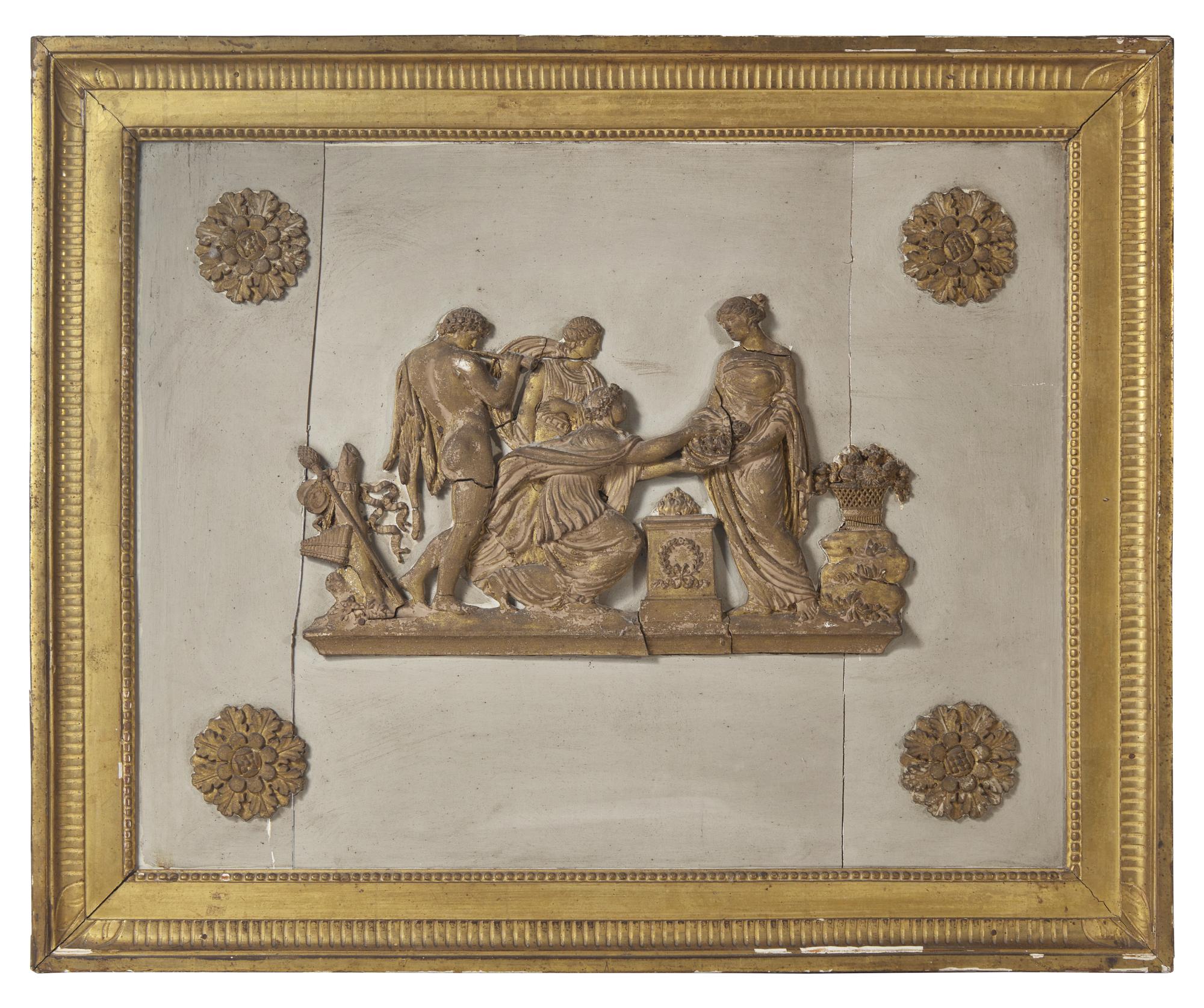 A Painted Panel With Applied Neo-Classical Figures And Pair Of Carved Wood Garlands