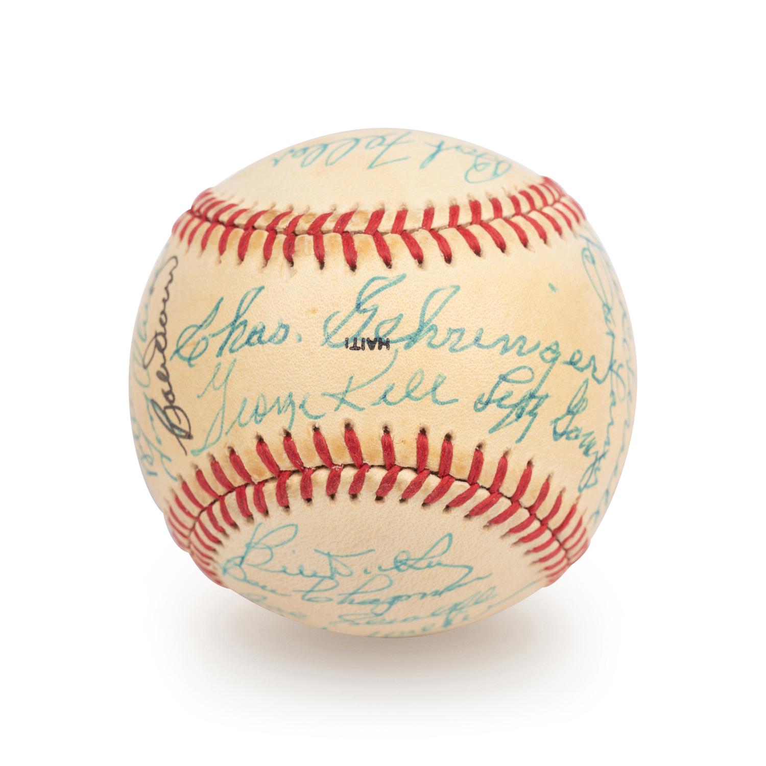 A 1983 Old Timers Game American League Team Signed Autograph Baseball With 26 Signatures Featuring Joe DiMaggio and Roger Maris (Beckett Authentication Services Letter BAS Certified),