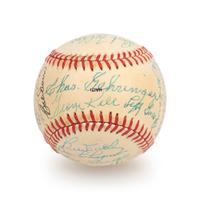 A 1983 Old Timers Game American League Team Signed Autograph Baseball With 26 Signatures Featuring Joe DiMaggio and Roger Maris (Beckett Authentication Services Letter BAS Certified),