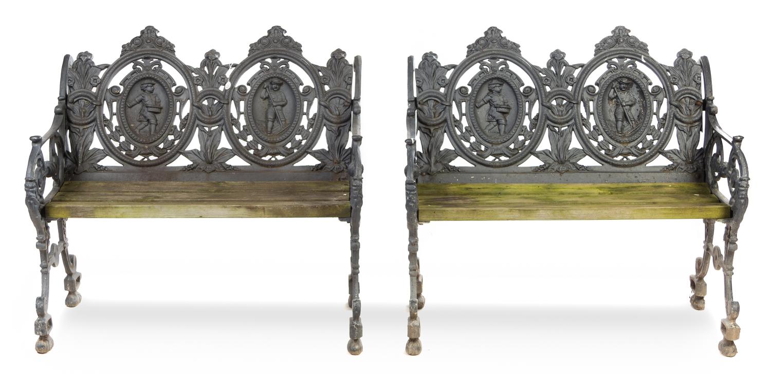 A Pair of Victorian Painted Iron Double-Back Garden Benches Height 35 x width 39 x depth 30 inches.
