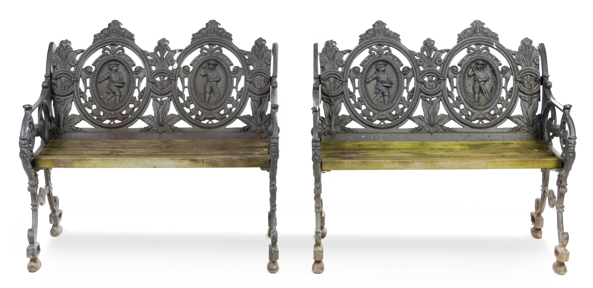 A Pair of Victorian Painted Iron Double-Back Garden Benches Height 35 x width 39 x depth 30 inches.