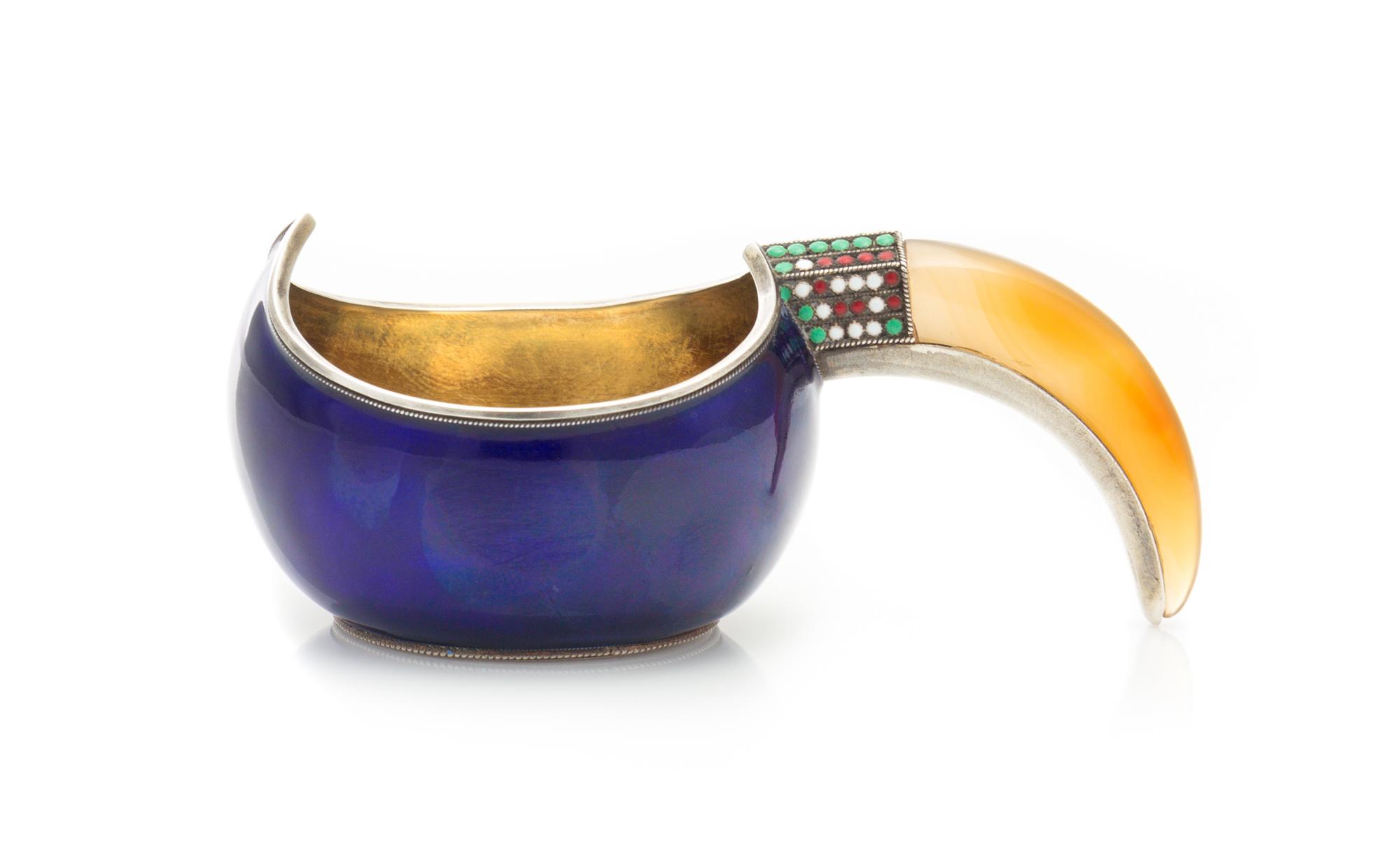 A Russian Enameled Silver and Hardstone Kovsh, Likely Spurious Faberge Mark, St. Petersburg, Late 19th/Early 20th Century, the violet e
