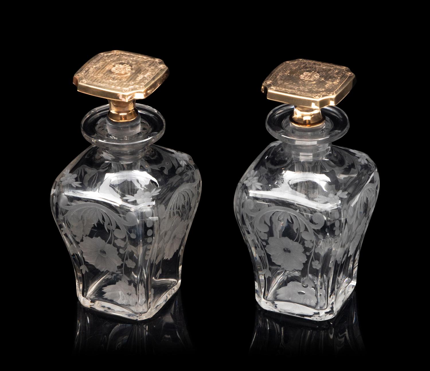 Two American 14-Karat Gold Mounted Cut Glass Toiletry Bottles